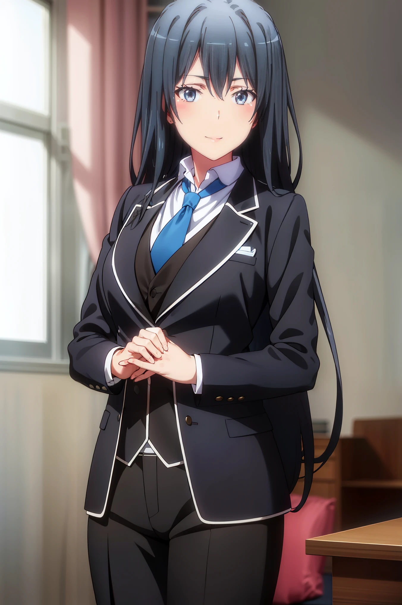 Yukinoshita Yukino ,A woman wearing a formal, attractive coat stands in a large gap in the room , 1girl, Single, blue necktie, Black hair, Blue eyes, long hair, He smiles , Collared shirt, White pants, White shirt , Elegantly designed coat , Stand in front of the window ,Perfectly tailored tailcoat. It has a stunning Victorian design and is made of lustrous fabric
 wallpaper, breast, smile