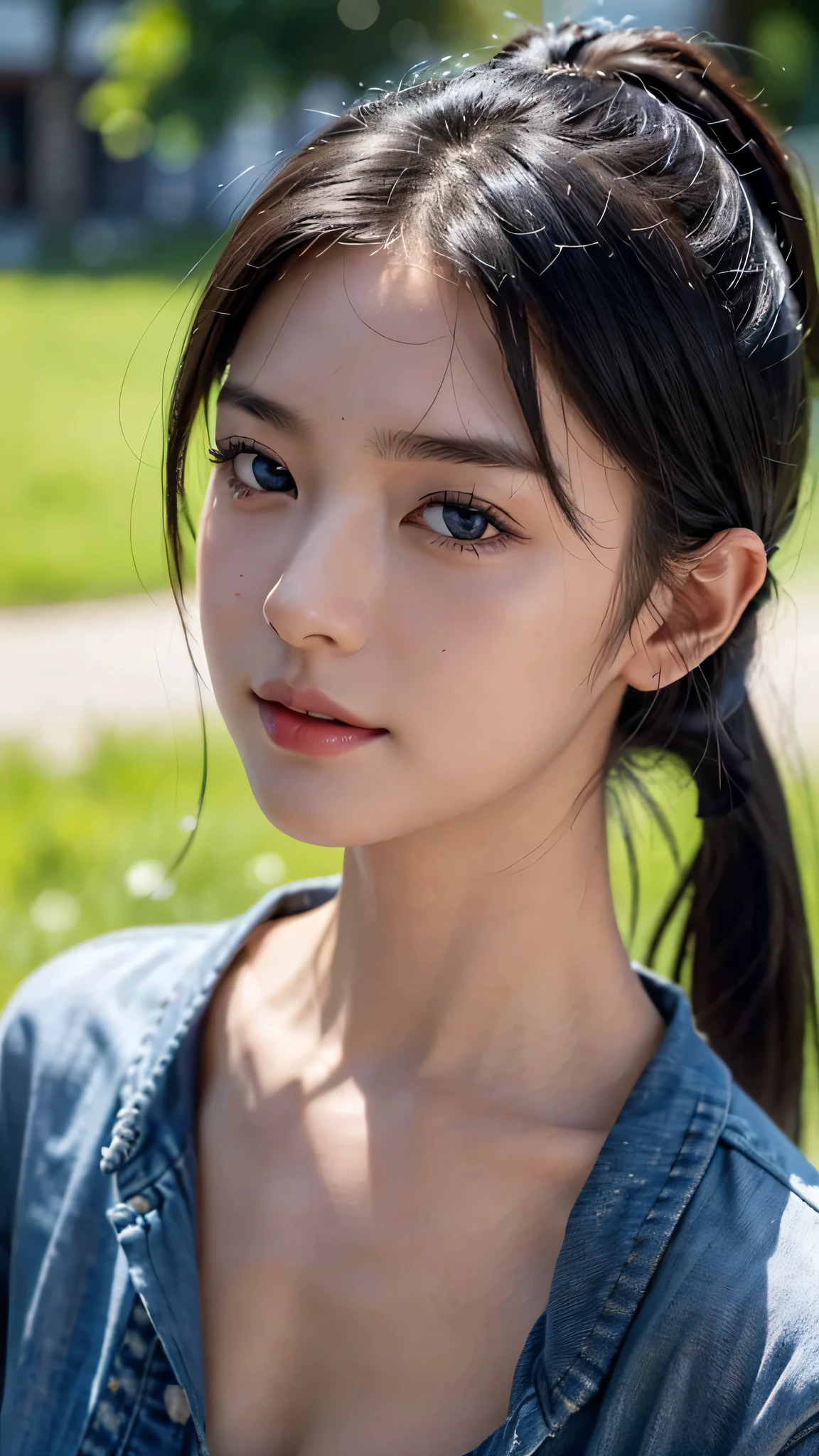 One woman,fully body photo,masutepiece, The highest image quality, High quality, the background is clear,Beautiful woman, Japanese, Detailed, Detailed eyes, Detailed skin, Beautiful skin, 超hight resolution, (reality: 1.4),Very beautiful woman, Slightly younger face, Beautiful skin, slender, (Ultra photo realsisim), (hight resolution), (8K), (Very detailed) (beautifully detailed eyes), (super detailed), (Detailed face), view the viewer, Fine details, Detailed face, Staring straight ahead, Staring straight ahead, photos realistic, Bright lighting, Professional Lighting, Black hair,poneyTail,a baby face,sixteen years old,髪型はponeyTail,ロングのponeyTailの髪型,Clear sky, on grass,wearing a black camisole, jeans,smile a little,