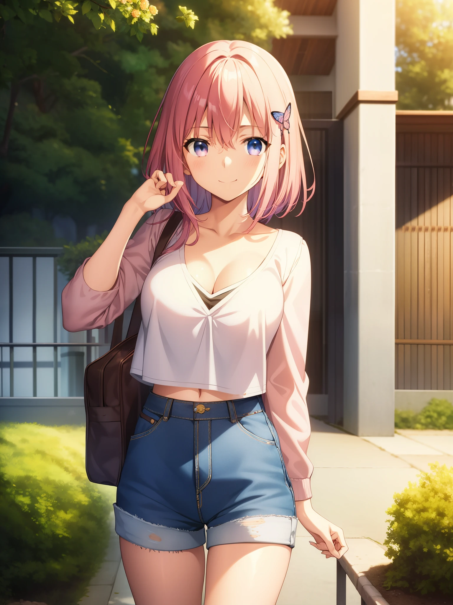 2D、masterpiece、highest quality、anime、high details、1 female、solo、cowboy shot、Nino Nakano、pink hair、butterfly hair ornament、crop top、cleavage、Denim Shorts、medium breasts、Are standing、School、outdoor、smile