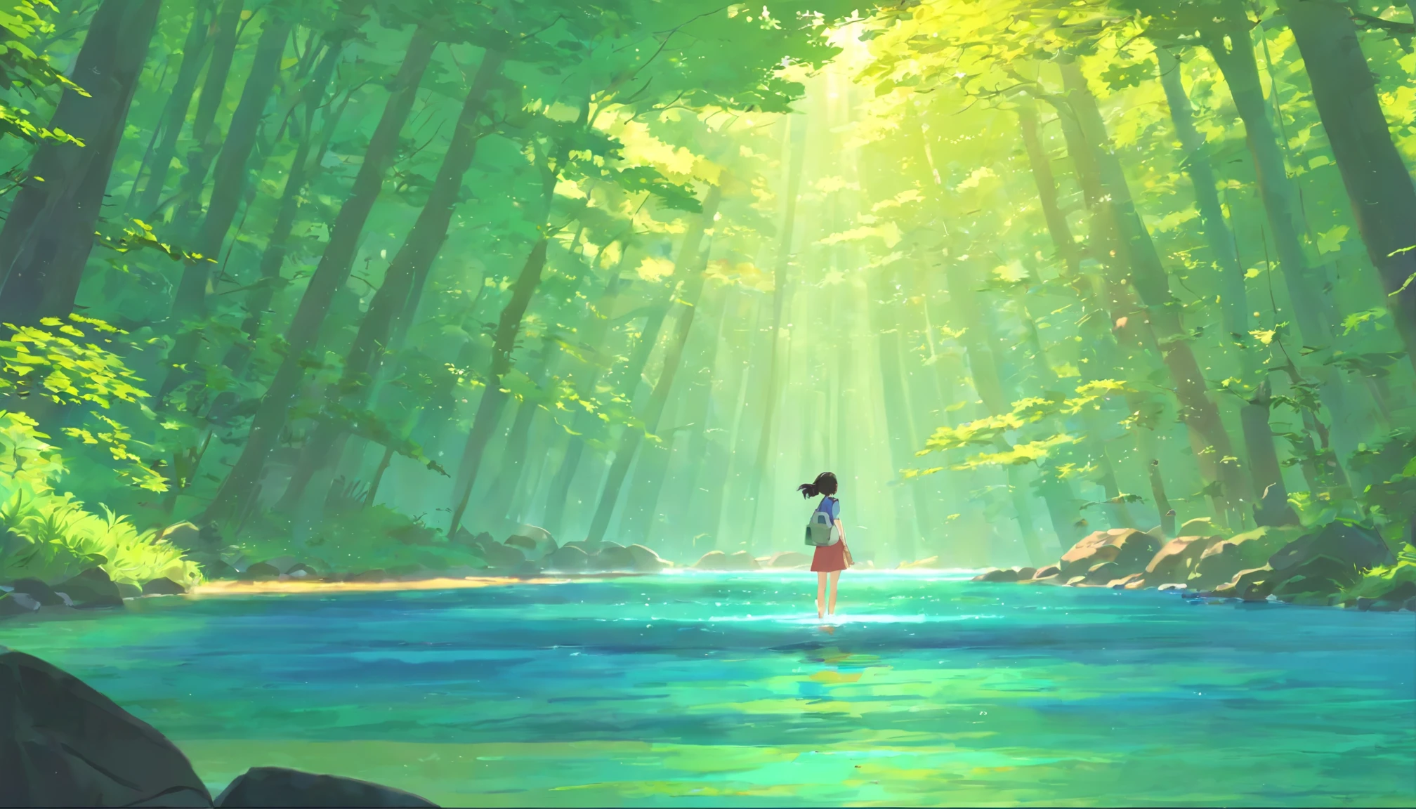 Sure! Here's the English translation:
"In a deep, deep forest, there is an image resembling Studio Ghibli artwork, featuring a very beautiful girl gazing into the water with a lonely expression. This image captures the scene of the girl peering into the water, surrounded by an extraordinary spring, creating a mystical atmosphere."