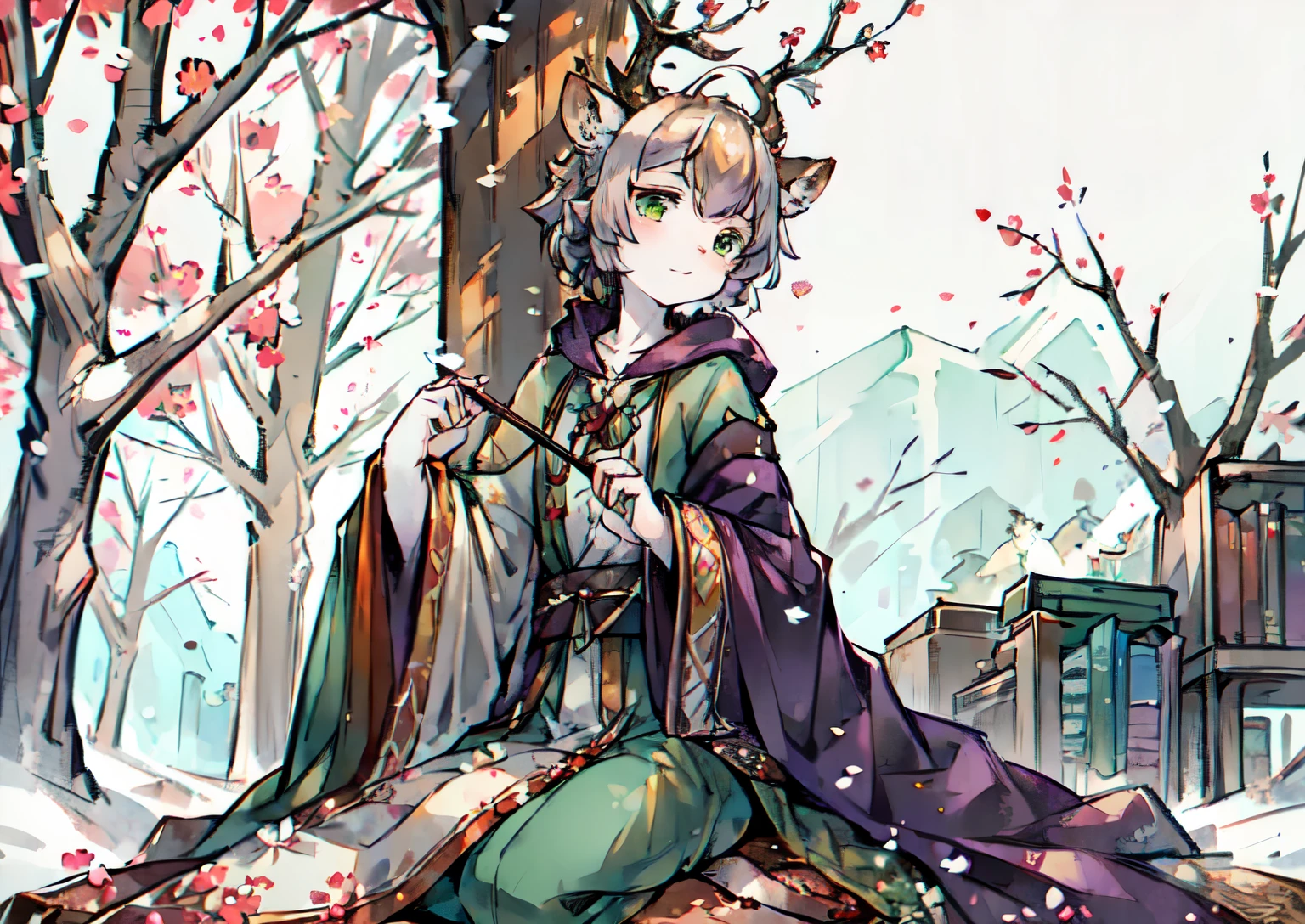 Ink style,a white deer,antlers,plum tree,Plum petals,plum blossom branch,sit on the floor,双手托着一份pergaminhos,green shirt,Long cape,A flowing cape,Hold a brush,pergaminhos,Lovely Shota,Flute in hand,Musical instruments next to him,Green eyes,gentle,Orange trees,tree full of oranges,There is a book next to you