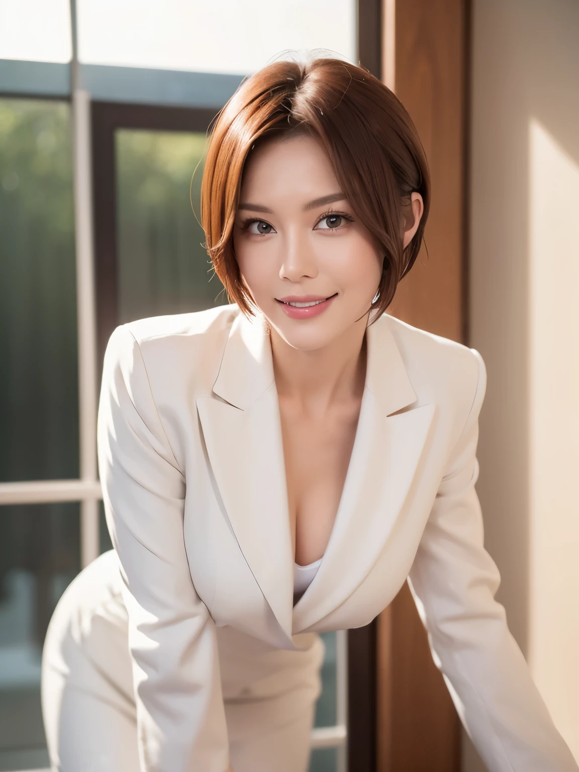 masterpiece,highest quality, (1 milf、44 years old), ((close:0.5)), ((cross arms)), glare, gray blazer, white shirt, double eyelid, eyelash, lip gloss, (smile:1), ((close your eyes:0.85)), ((looking at the viewer、The whole body is shown、Are standing)), born, (From above:0.2), ((no one)), （office）、（Knee length、Knee-high boots）、Depth of bounds written、尖ったred mouth、(short hair of reddish-brown color wet and shiny,,,,,,,,,),red mouth,clavicle、full body portrait、digital illustration, (Photoreal:1.3),(RAW photo.)