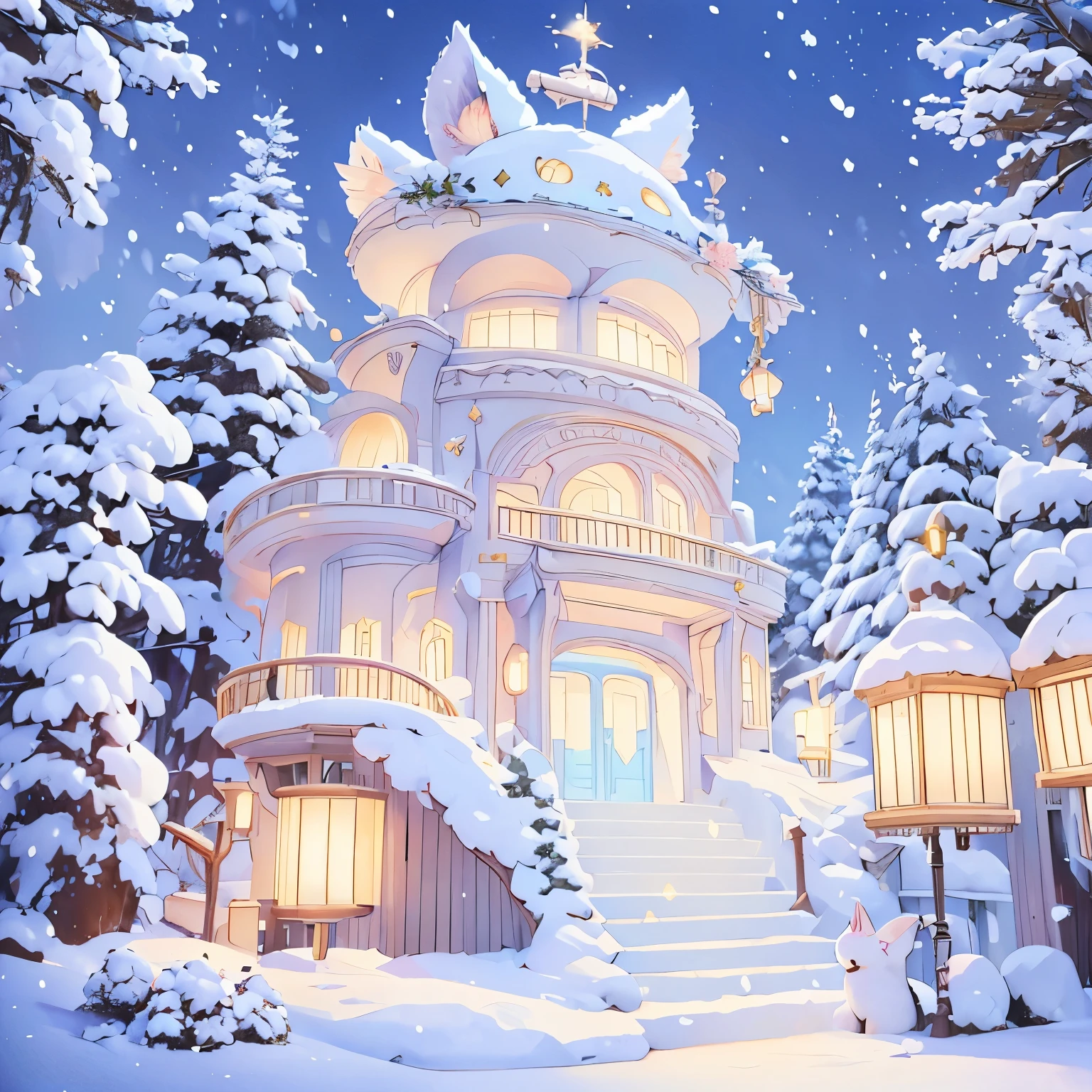 (1girl),animated girl sitting on a bench in the snow with a lantern, winter concept art, 8K high quality detailed art, animated art wallpaper 8K, goddess of winter, eyes shining in vivid colors, elaborate and delicate ornaments and dresses, detailed drawing, vivid colors, high quality, airy, wonderful masterpiece, vivid colors, fine lines, (((quiet winter forest))), ((beast ears)), fluffy, winter forest, big eyes, fluffy clothes, fluffy scarf, snowstorm, snow leopard girl, white breath, snowflake, sitting, maiden sitting, poinsettia, big braided boots, , ,