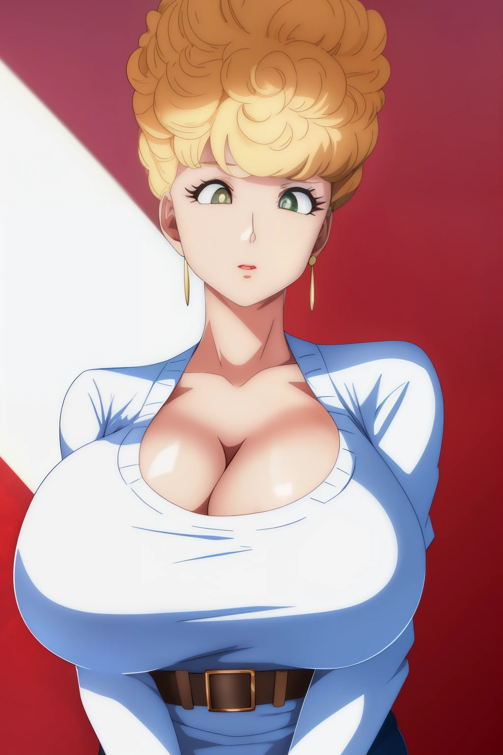 (8k, best quality, masterpiece:1.2),(detailed eyes), \(detailed facial features\), \(\(detailed clothes features\)\), upper  body,(large breasts, cleavage),(face focus),extremely detailed CG unity 8k wallpaper, huge filesize, ultra-detailed, highres, absurdres,beautiful eyes,ray tracing, dramatic shadows,fine detail,dramatic angle,high saturation,lens flare,(standing),soft light,Detailed skin texture, detailed clothing texture,looking at viewer,
1woman,mature female, blonde hair,solo, 