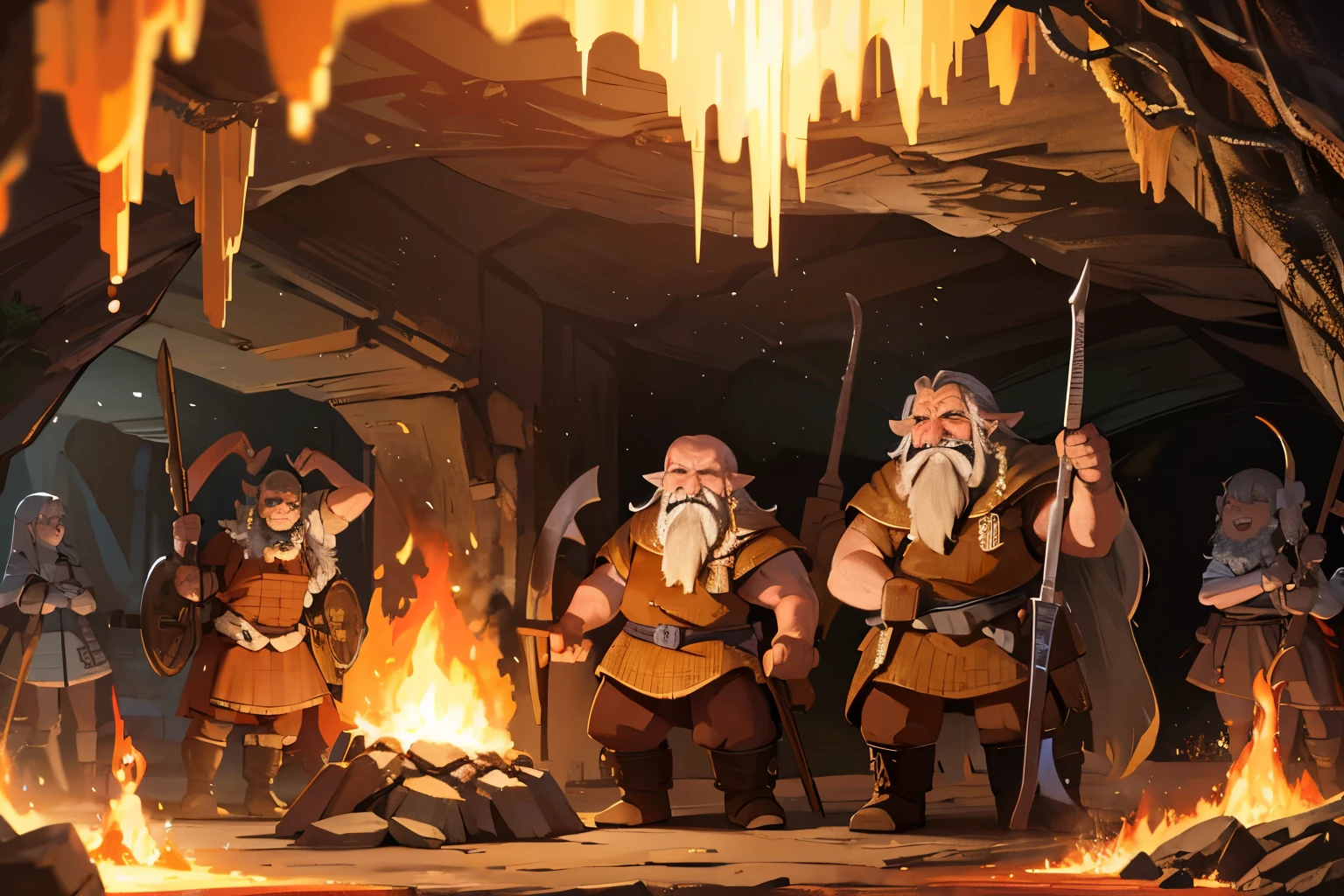 Uhd, Masterpiece, Textured Skin, Super Detail, High Details, High Quality, Best Quality, 16K, 1080P, Hd, 4K, 8K, ((Several Dwarves)), inside a cave, forge fire, hammering, Several dwarves background, ((inside a cave background, forging weapons)), smithing, forging, flame