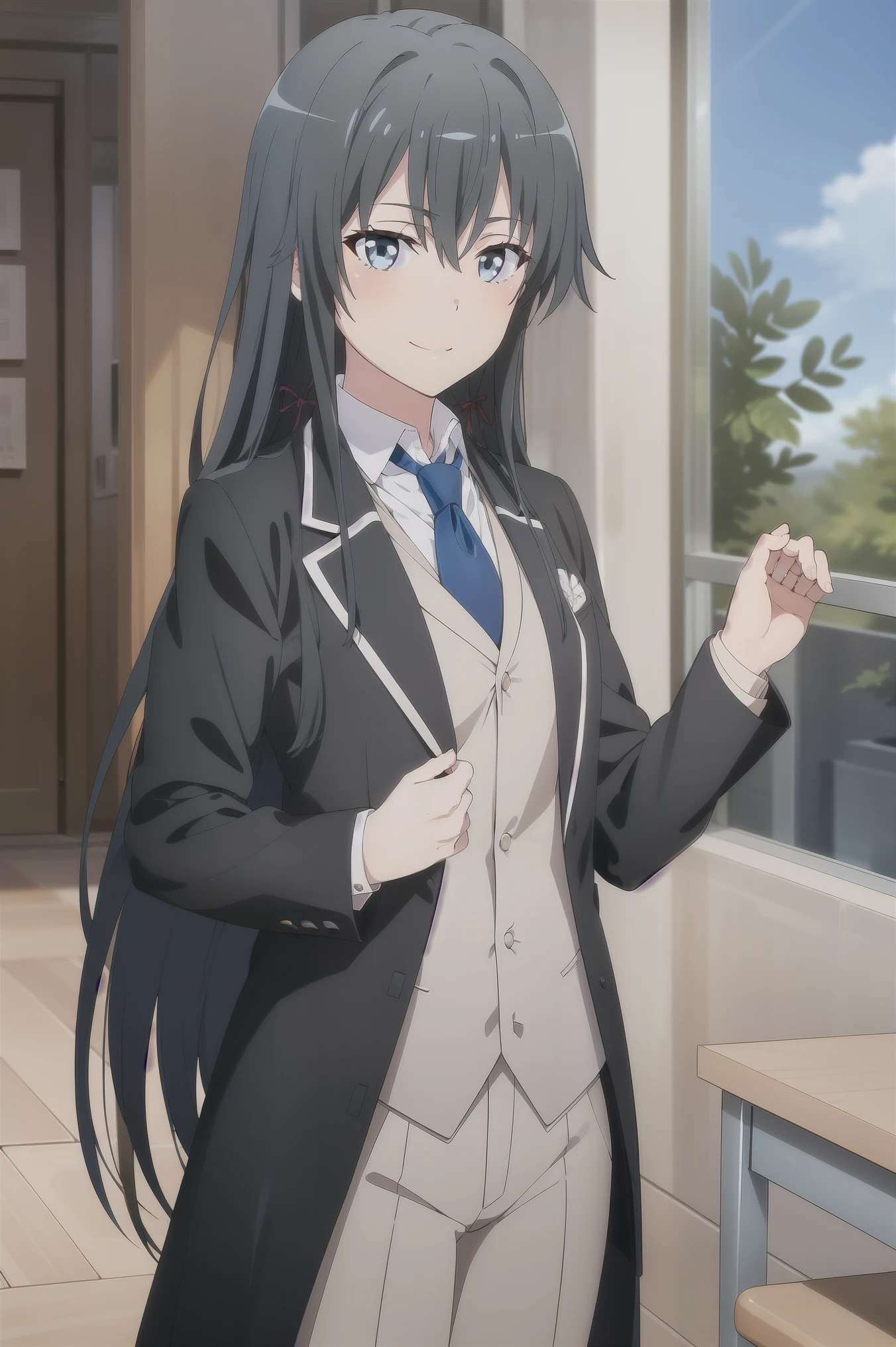 Yukinoshita Yukino ,A woman wearing a formal, attractive coat stands in a large gap in the room , 1girl, Single, blue necktie, Black hair, Blue eyes, long hair, He smiles , Collared shirt, White pants, White shirt , Elegantly designed coat , Stand in front of the window ,Perfectly tailored tailcoat. It has a stunning Victorian design and is made of lustrous fabric
 wallpaper, breast, smile