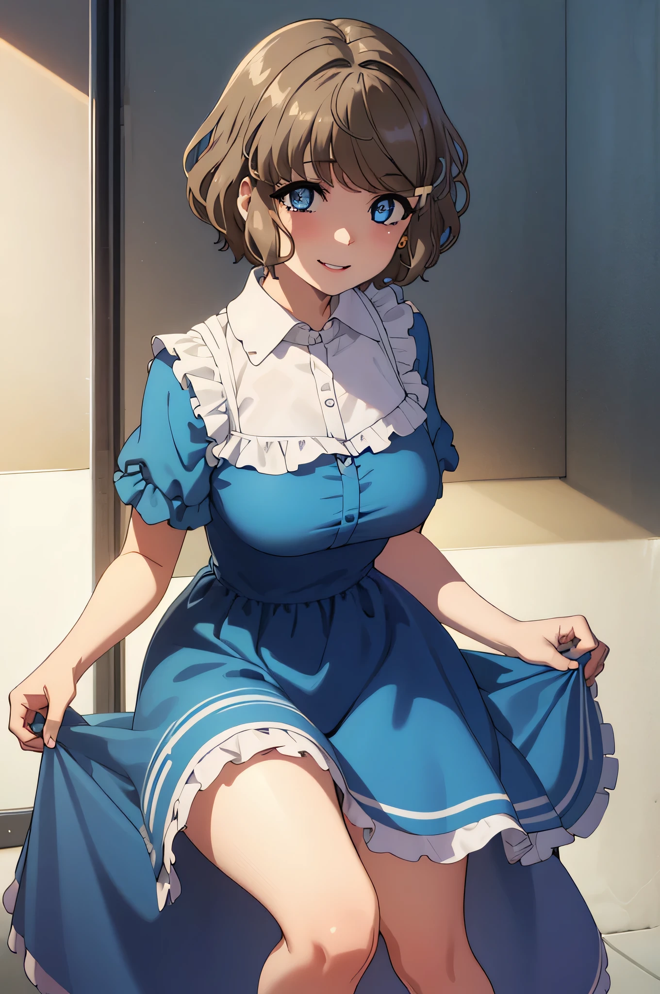 tomoekoga, tomoe koga, short hair, brown hair, blue eyes, hair clip,smile,
BREAK (blue dress:1.2)
BREAK (masterpiece:1.2), best quality, high resolution, unity 8k wallpaper, (illustration:0.8), (beautiful detailed eyes:1.6), extremely detailed face, perfect lighting, extremely detailed CG, (perfect hands, perfect anatomy),