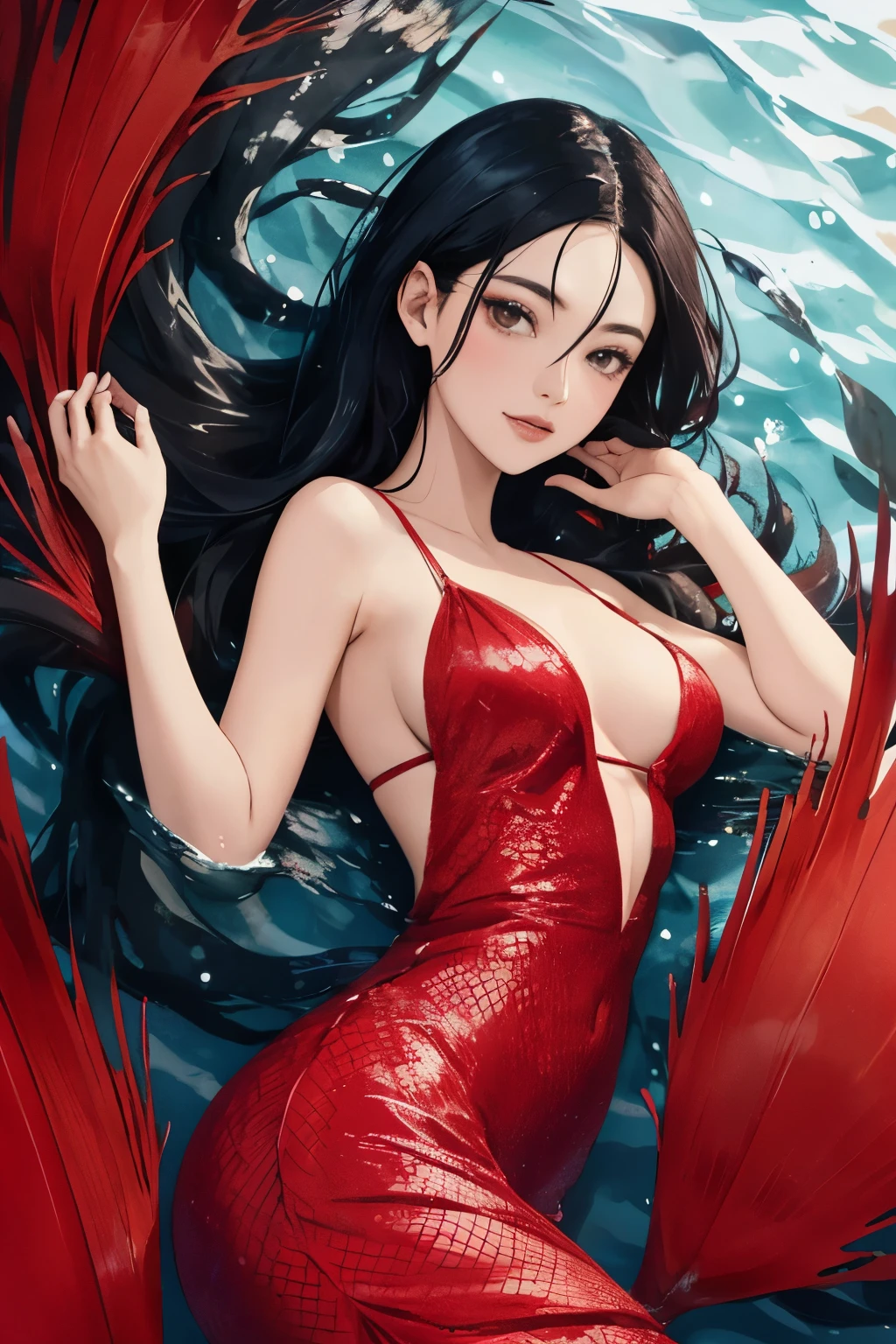 Lili Saputra Black-haired mermaid wearing a red scaly dress, background in the sea.