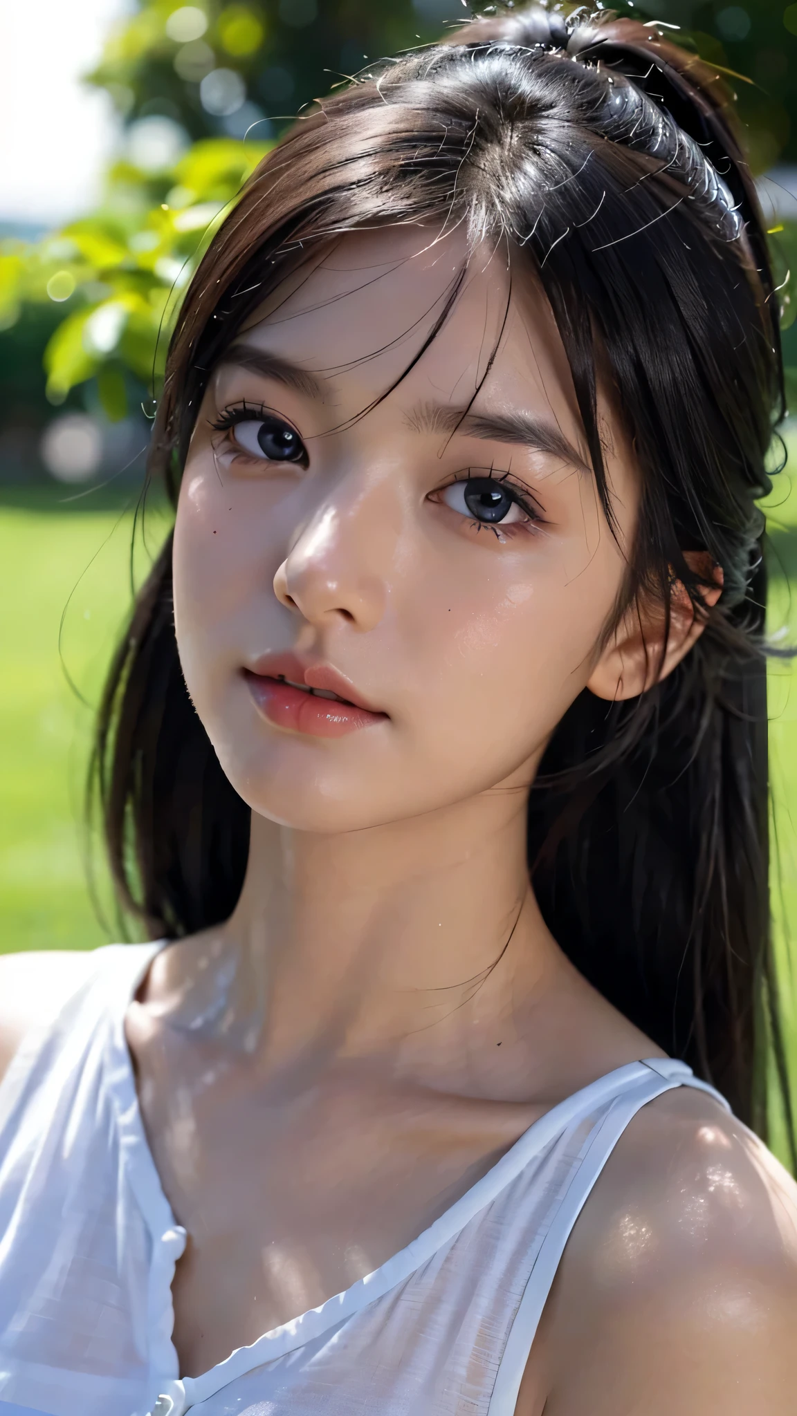 One woman,fully body photo,masutepiece, The highest image quality, High quality, the background is clear,Beautiful woman, Japanese, Detailed, Detailed eyes, Detailed skin, Beautiful skin, 超hight resolution, (reality: 1.4),Very beautiful woman, Slightly younger face, Beautiful skin, slender, (Ultra photo realsisim), (hight resolution), (8K), (Very detailed) (beautifully detailed eyes), (super detailed), (Detailed face), view the viewer, Fine details, Detailed face, Staring straight ahead, Staring straight ahead, photos realistic, Bright lighting, Professional Lighting, Black hair,poneyTail,a baby face,sixteen years old,髪型はponeyTail,ロングのponeyTailの髪型,Clear sky, on grass,wearing a black camisole, jeans,slight smile,