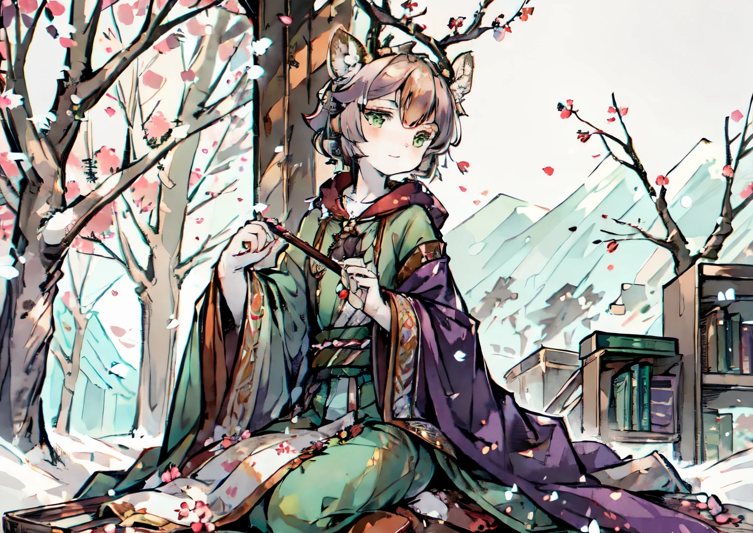 Ink style,a white deer,antlers,plum tree,Plum petals,plum blossom branch,sit on the floor,双手托着一份pergaminhos,green shirt,Long cape,A flowing cape,Hold a brush,pergaminhos,Lovely Shota,Flute in hand,Musical instruments next to him,Green eyes,gentle,Orange trees,tree full of oranges,There is a book next to you