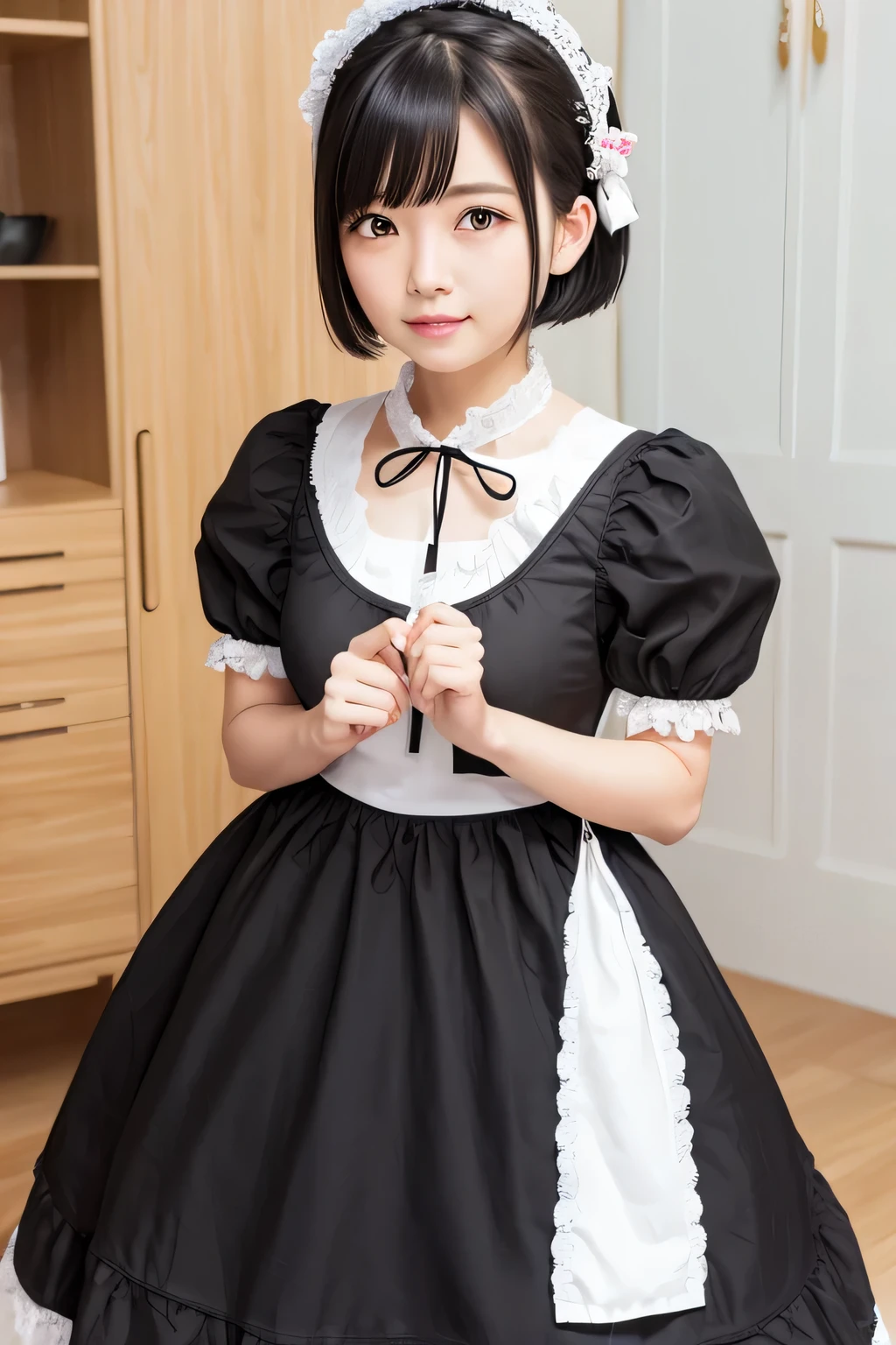 whole body、In maid clothes 、one beautiful maid、short black hair、hair ornaments、indoor