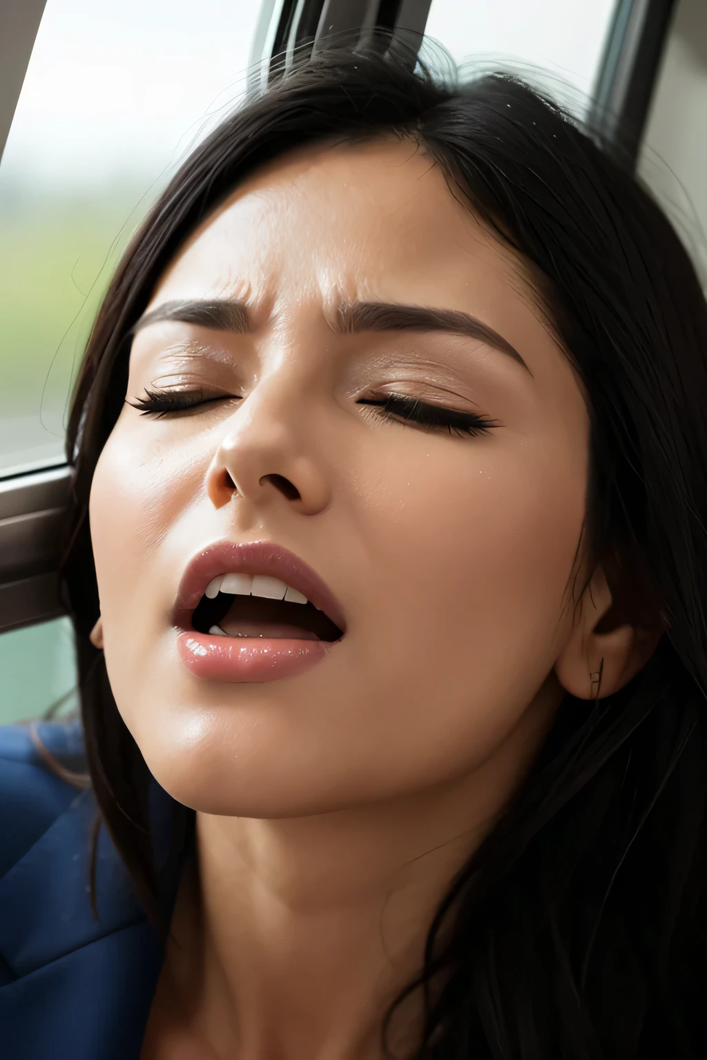 1 girl,debris flies,,Award-winning photo, very detailed, edge orgasm,face focus, (woman with open mouth and closed eyes ), 30 years old、black hair、shiny skin、close up of face,from below、realistic nostrils、elongated nasal cavity,、train、(train車内,at the window)、congestion、rush hour commute,Are standing、Surrounded by 6 male passengers((suit))、man behind２人Are standing,big breasts、(sharp nose)frown performance:1.4, concept,teeth,performance,facial performances,frown,please raise your head、Skin shiny with sweat