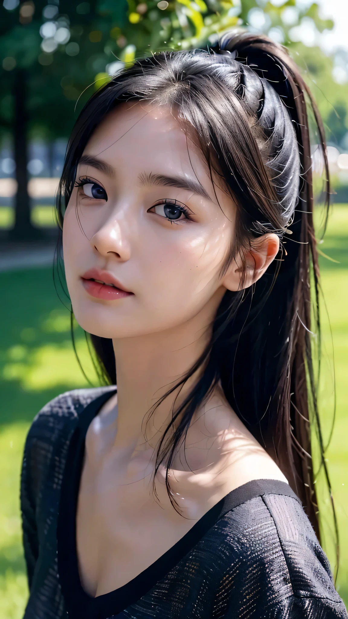One woman,fully body photo,masutepiece, The highest image quality, High quality, the background is clear,Beautiful woman, Japanese, Detailed, Detailed eyes, Detailed skin, Beautiful skin, 超hight resolution, (reality: 1.4),Very beautiful woman, Slightly younger face, Beautiful skin, slender, (Ultra photo realsisim), (hight resolution), (8K), (Very detailed) (beautifully detailed eyes), (super detailed), (Detailed face), view the viewer, Fine details, Detailed face, Staring straight ahead, Staring straight ahead, photos realistic, Bright lighting, Professional Lighting, Black hair,poneyTail,a baby face,sixteen years old,髪型はponeyTail,ロングのponeyTailの髪型,Clear sky, on grass,wearing a black camisole, jeans,slight smile,