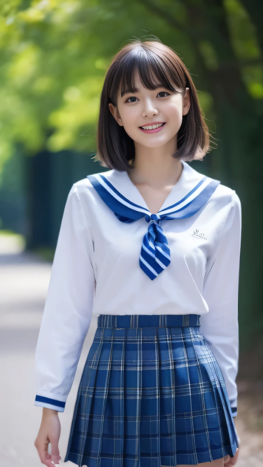 (photo of the upper body), Not NSFW、small_breasts, happy smiling, ((Perfect Face)), brunette, 1 beautiful girl, detailed skin, detailed background, finely detailed, 8k uhd, dslr, detailed fingers, skintight, cute girl, ((Best quality)), ((masterpiece)), ((photorealistic)), ((ultra high res)), (8K raw photo), 14year old, beautiful face, ((Miraculously pretty girl:1.2)),13years,、a miniskirt、Neat sailor suit、realisitic、Super high resolution、(the body turns in the direction of the viewer), ((anatomically accurate body)), The chest of the shirt is deep and wide open.、((photo from the waist up))、((Pleated mini_skirt with dark blue plaid pattern))、I can see the belly button、No underwear、No bra、shirt is short、the abdomen is visible、detailed eyes、((white Short-sleeved shirt:1.2))、ボタンが外れたブラウス、ブラウスの前が開いて胸の谷間が見える、