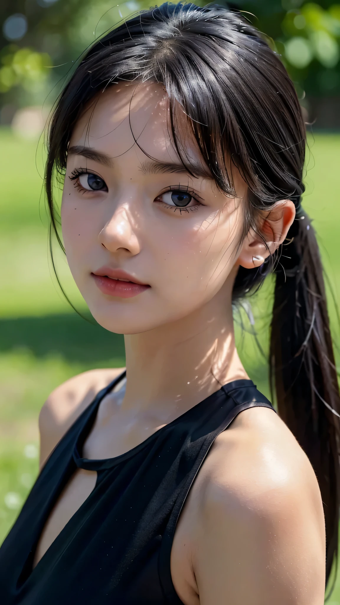 One woman,fully body photo,masutepiece, The highest image quality, High quality, the background is clear,Beautiful woman, Japanese, Detailed, Detailed eyes, Detailed skin, Beautiful skin, 超hight resolution, (reality: 1.4),Very beautiful woman, Slightly younger face, Beautiful skin, slender, (Ultra photo realsisim), (hight resolution), (8K), (Very detailed) (beautifully detailed eyes), (super detailed), (Detailed face), view the viewer, Fine details, Detailed face, Staring straight ahead, Staring straight ahead, photos realistic, Bright lighting, Professional Lighting, Black hair,poneyTail,a baby face,sixteen years old,髪型はponeyTail,ロングのponeyTailの髪型,Clear sky, on grass,wearing a black camisole, jeans,slight smile,