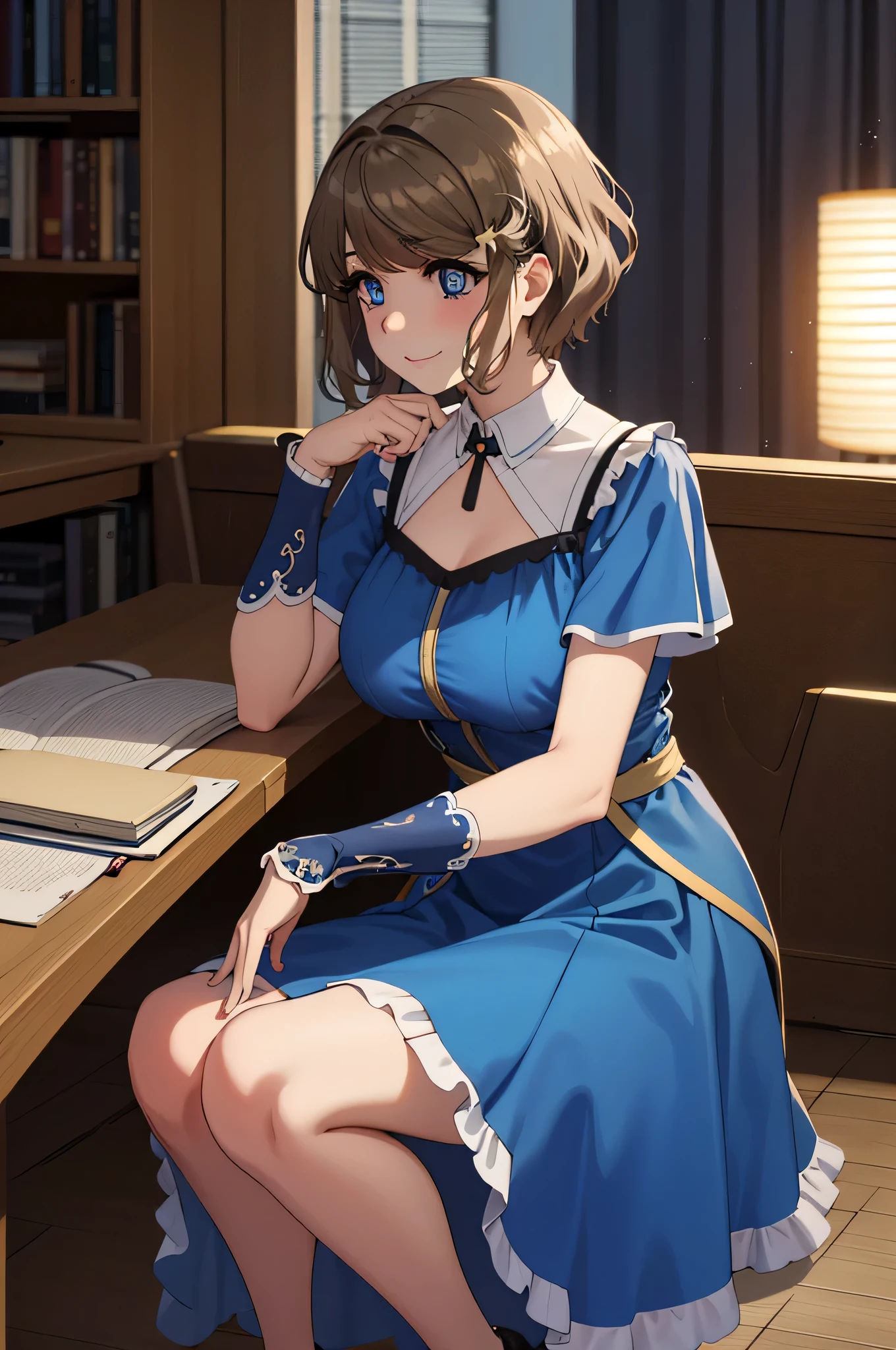 tomoekoga, tomoe koga, short hair, brown hair, blue eyes, hair clip,smile,
BREAK (blue dress:1.2)
BREAK (masterpiece:1.2), best quality, high resolution, unity 8k wallpaper, (illustration:0.8), (beautiful detailed eyes:1.6), extremely detailed face, perfect lighting, extremely detailed CG, (perfect hands, perfect ???????),