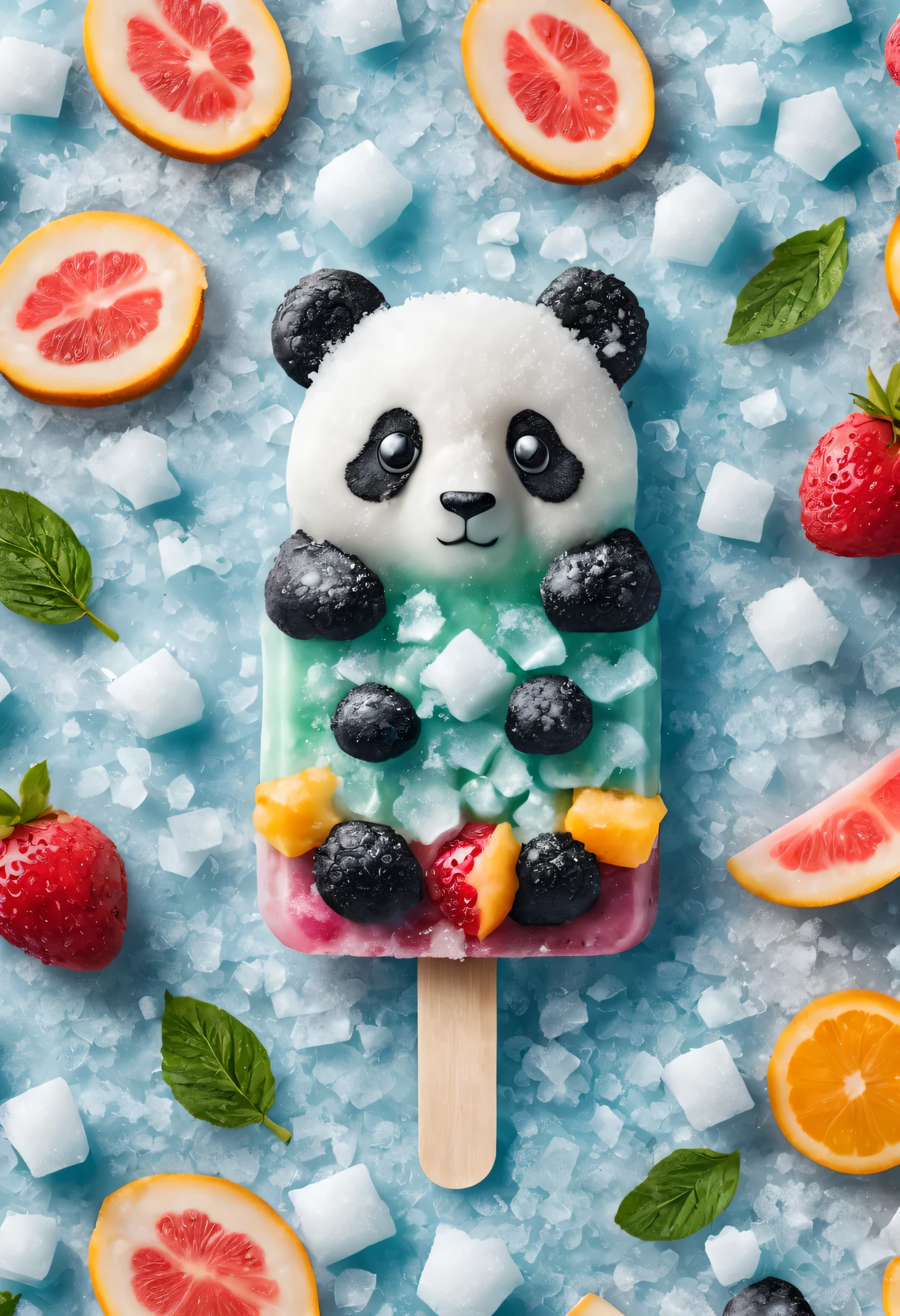 Cartoon Panda Fruit Popsicle，Cute creative popsicles，frozen texture,snow,ice cold,cold,Crystal ice,summer,Delicious fruits,color layout,Crushed ice,Refreshing
