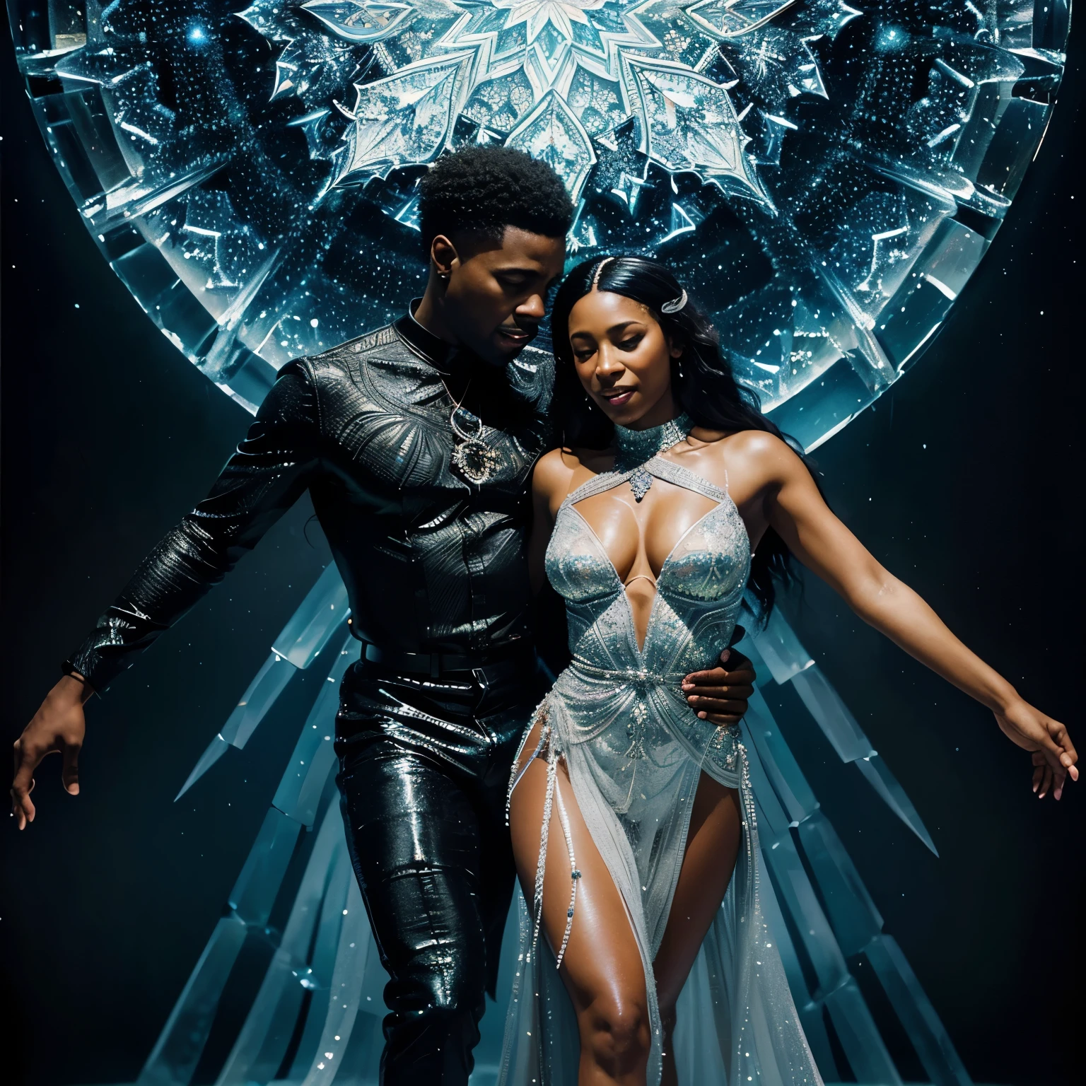 Deep within an oil painting lies a mesmerizing vision of a happy black couple of a black man ice skating with his black wife, An ethereal sacred crystal image, the subject of this painting is adelicate and fantastical, whose movements are graceful and complex. Captured with vivid brushstrokes and rich tones, this image depicts a majestic image composed of shimmering ice crystals. This meticulously crafted painting displays stunning detail and realism, capturing the radiance of the crystal and the intricate patterns etched into its surface. This mesmerizing work of art invites viewers to immerse themselves in the enchanting world of this sacred love between the black man and his black wife