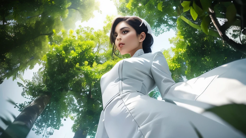 Woman with white suite from below angle shot. white bacground with some aesthetic leaves