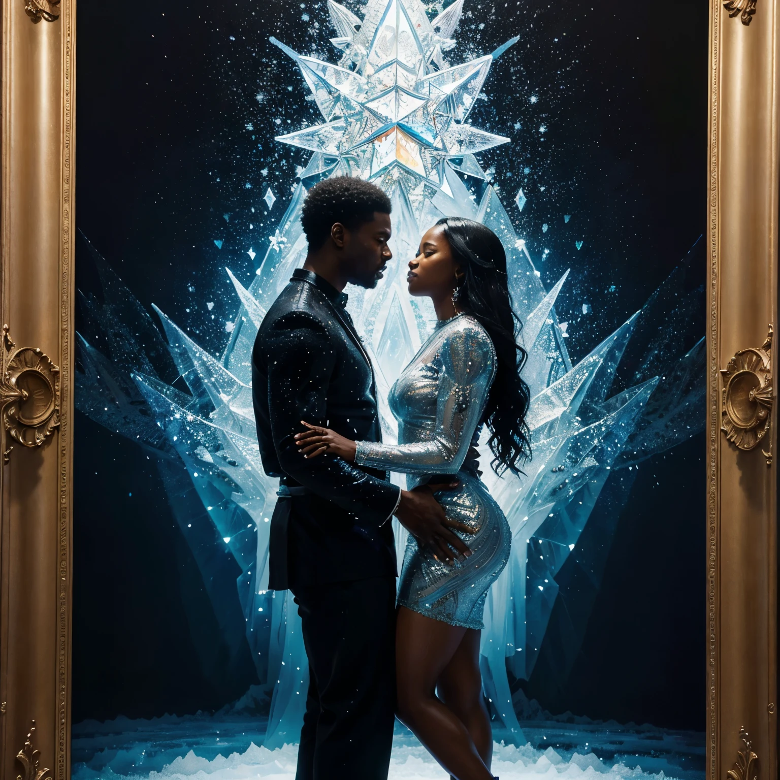 Deep within an oil painting lies a mesmerizing vision of a happy black couple of a black man ice skating with his black wife, An ethereal sacred crystal image, the subject of this painting is adelicate and fantastical, whose movements are graceful and complex. Captured with vivid brushstrokes and rich tones, this image depicts a majestic image composed of shimmering ice crystals. This meticulously crafted painting displays stunning detail and realism, capturing the radiance of the crystal and the intricate patterns etched into its surface. This mesmerizing work of art invites viewers to immerse themselves in the enchanting world of this sacred love between the black man and his black wife