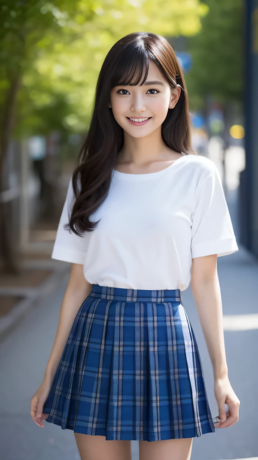 (photo of the upper body), Not NSFW、small_breasts, happy smiling, ((Perfect Face)), brunette, 1 beautiful girl, detailed skin, detailed background, finely detailed, 8k uhd, dslr, detailed fingers, skintight, cute girl, ((Best quality)), ((masterpiece)), ((photorealistic)), ((ultra high res)), (8K raw photo), 14year old, beautiful face, ((Miraculously pretty girl:1.2)),13years,、a miniskirt、Neat sailor suit、realisitic、Super high resolution、(the body turns in the direction of the viewer), ((anatomically accurate body)), The chest of the shirt is deep and wide open.、((photo from the waist up))、((Pleated mini_skirt with dark blue plaid pattern))、I can see the belly button、No underwear、No bra、shirt is short、the abdomen is visible、detailed eyes、((white Short-sleeved shirt:1.2))、ボタンが外れたブラウス、ブラウスの前が開いて胸の谷間が見える、
