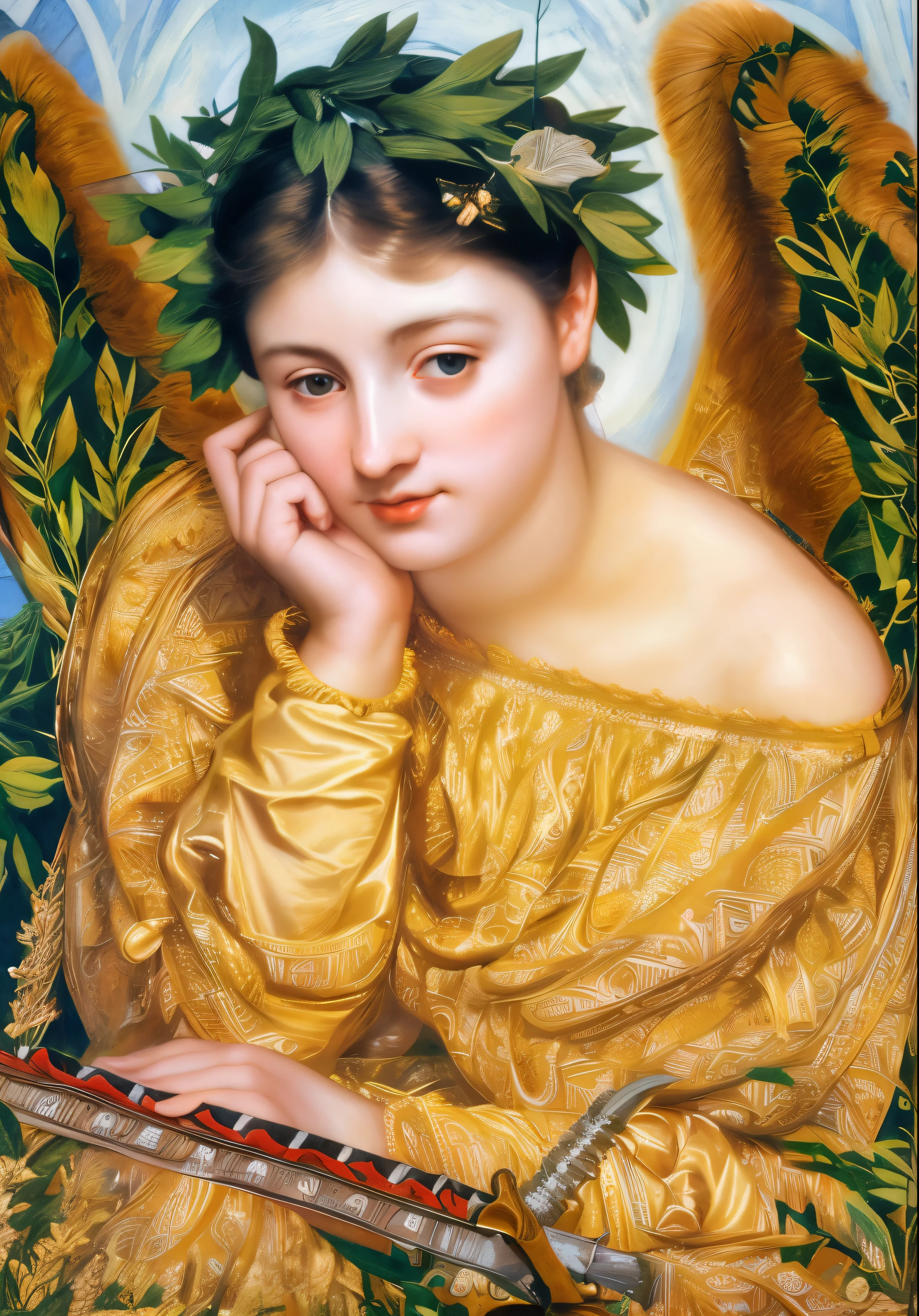 uma pintura de uma mulher com asas e uma harpa, Direção inspirada: William Blake Richmond, por Evelyn De Morgan, inspirado por Evelyn De Morgan, Direção inspirada: Sophie Gengembre Anderson, Direção: Sofia Anderson, Direção: Daniel Maclise, Direção: William Blake Richmond, Direção: FrederiCk Lorde Leighton, Direção: Sophie Gengembre Anderson, Direção: William Holman Caça, Direção inspirada: Sofia Anderson