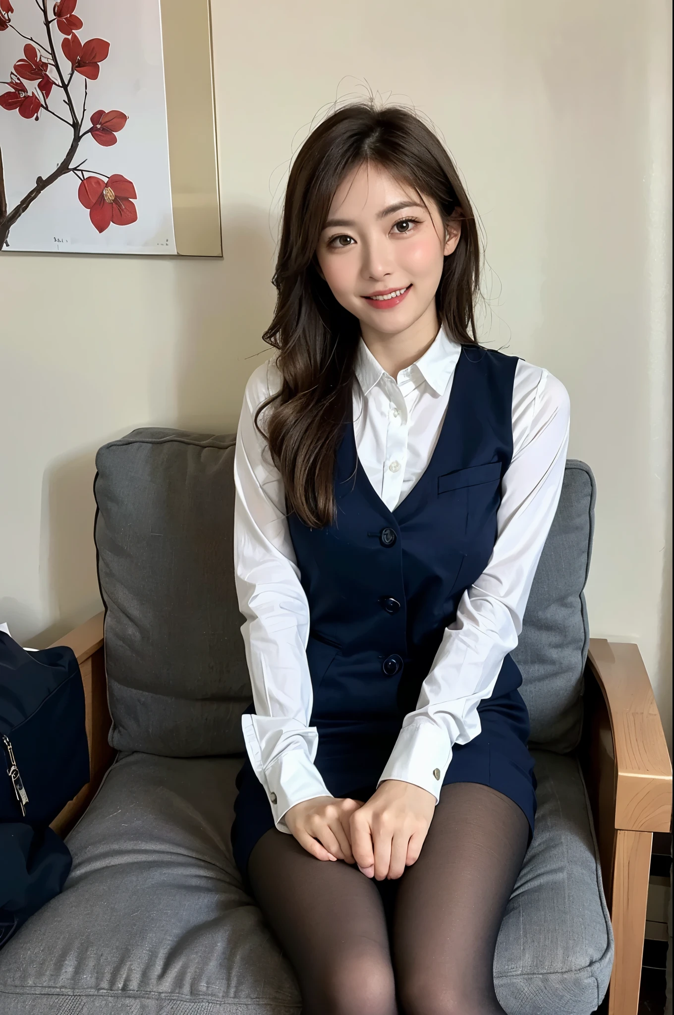 ulzzang-6500-v1.1, (RAW photo:1.2), (Photoreal), beautiful detailed girl, (genuine: 1.4), very detailed目と顔, beautiful and detailed eyes, Mr.々patterned vest、((sit with feet together:1.3))、(super realistic pantyhose:1.2), (high heels)、((business services))、(very affectionate smile:1.2)、huge file size, High resolution, very detailed, highest quality, [masterpiece:1.6], enlightenment, very detailed, finely, highest quality, 8k wallpaper, movie lighting, 1 girl, 26 years old, perfect body shape, cute droopy eyes、beautiful big eyes、highest quality, 1 girl, eye shadow, portrait, ((full body shot:1.1))、