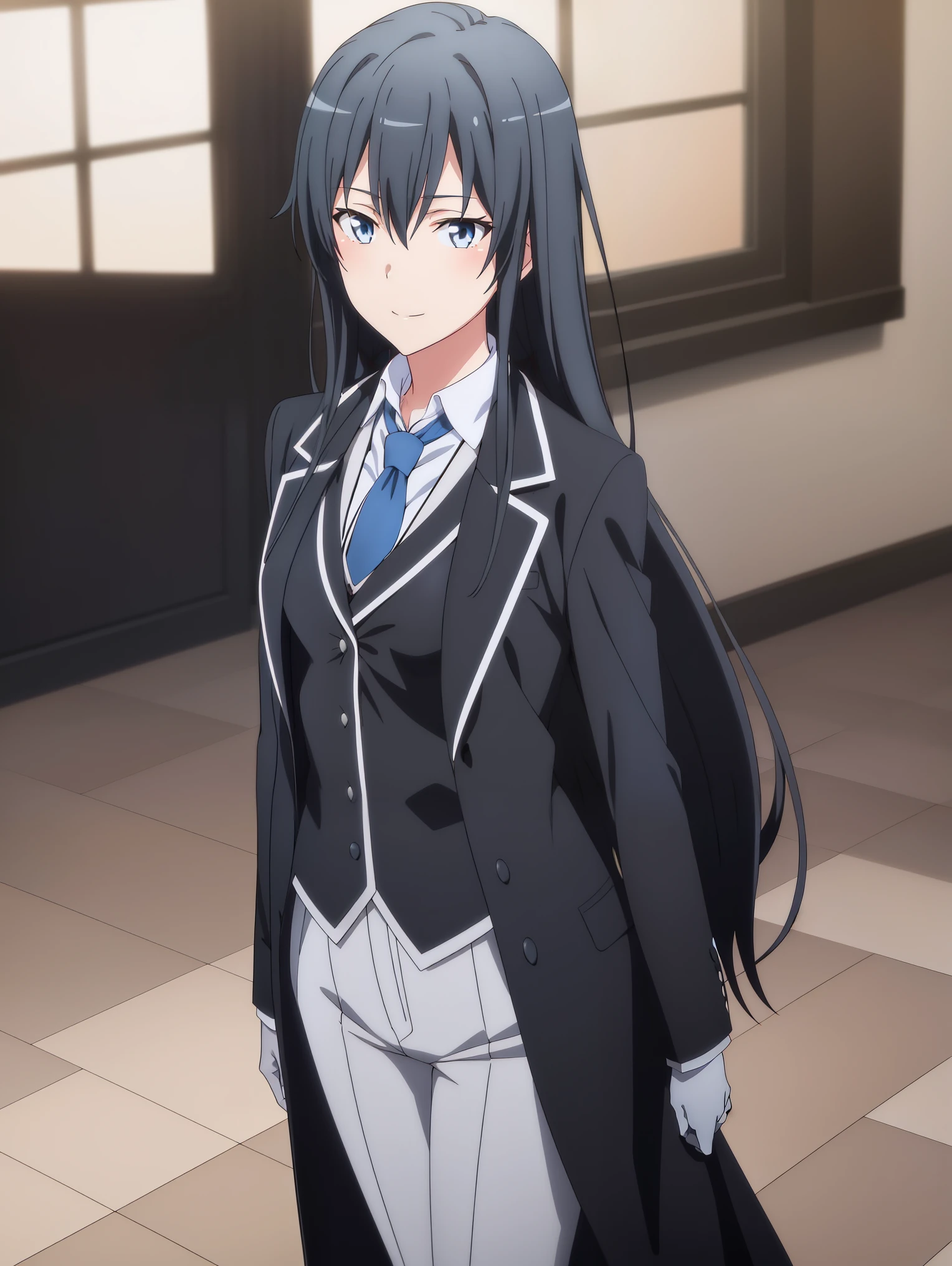 Yukinoshita Yukino ,A woman wearing a formal, attractive coat stands in a large gap in the room , 1girl, Single, blue necktie, Black hair, Blue eyes, long hair, He smiles , Collared shirt, White pants, White shirt , Elegantly designed coat , Stand in front of the window ,Perfectly tailored tailcoat. It has a stunning Victorian design and is made of lustrous fabric
