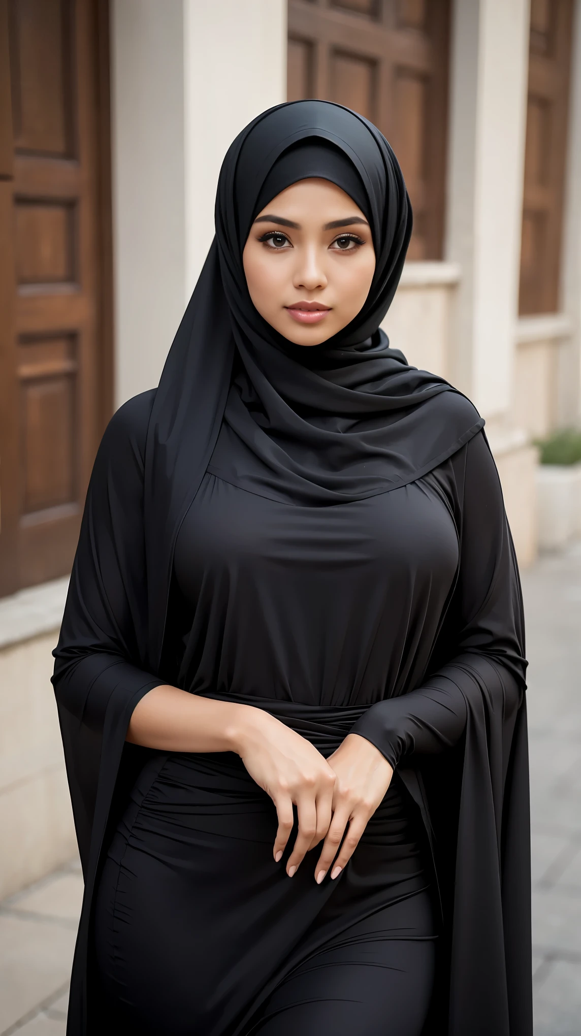 (Close Up),RAW, Best quality, high resolution, masterpiece: 1.3), beautiful Malay woman in hijab,Masterpiece, perfect slim fit body,small breast, big gorgeous eyes, Soft smile,beautiful face,thick thighs, woman in a black dress and a hat standing on a sidewalk, wearing tight simple clothes, skinny waist and thick hips, captivating and enticing, women full body, hijab, intriguing outfit, black outfit, attractive and beautiful, beautiful and graceful, with beautiful exotic, wrapped in a black scarf, with black, dressed with long fluent clothes, very attractive and beautiful, Excellent lighting, Bright colors, Clean lines