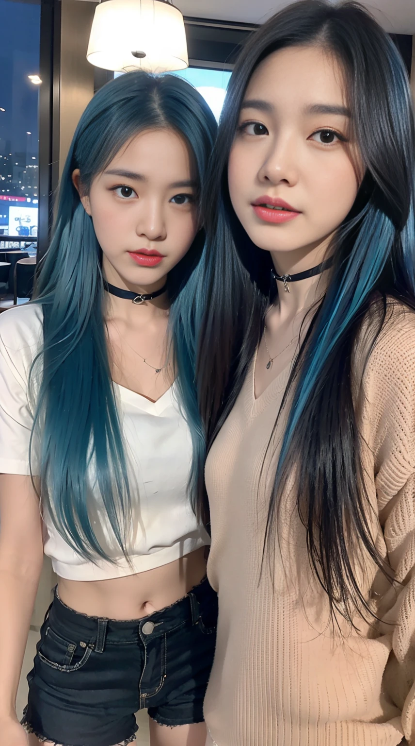 A pair of twins，cute韓国の歌手の女の子，take pictures at night，The background is a hotel，two girls having love in bed，sleeping face down，wear black underwear，大きな胸を持つcute本物の女の子，dew，blue neon hair and blue neon hair，erogenous zone，Realistic Korean Girls，Female student，cute ，looking at the viewer，choker