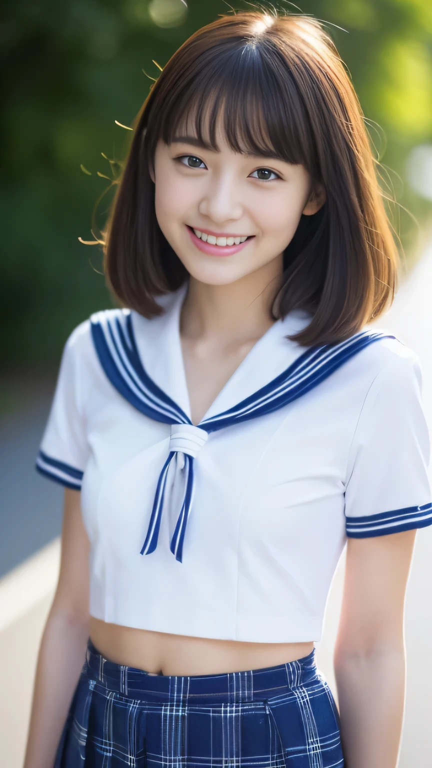 (photo of the upper body), Not NSFW、small_breasts, happy smiling, ((Perfect Face)), brunette, 1 beautiful girl, detailed skin, detailed background, finely detailed, 8k uhd, dslr, detailed fingers, skintight, cute girl, ((Best quality)), ((masterpiece)), ((photorealistic)), ((ultra high res)), (8K raw photo), 14year old, beautiful face, ((Miraculously pretty girl:1.2)),13years,、a miniskirt、Neat sailor suit、realisitic、Super high resolution、(the body turns in the direction of the viewer), ((anatomically accurate body)), The chest of the shirt is deep and wide open.、((photo from the waist up))、((Pleated mini_skirt with dark blue plaid pattern))、No underwear、No bra、shirt is short、((the abdomen is visible))、detailed eyes、((white Short-sleeved shirt:1.2))、14years cute girl, 
