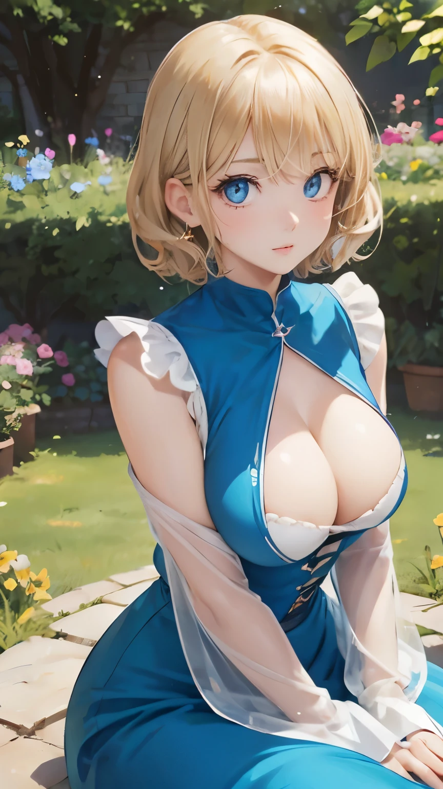 (masterpiece:1.2), (highest quality:1.2),, Curvy but slender body, perfect eyes, perfect face, perfect lighting, 1 girl, in the garden, (whole bodyが見える),(sitting),(one piece),(Exposed),(smile),(((gravure))),(Indecent appearance),curly hair, Fine clothes, Detailed outdoor background, compensate, eye shadow, thick eyelashes, fantasy, looking at the viewer, whole body,alice in wonderland、blue sky、Bright and very beautiful face、young shiny glossy white shiny skin、the best beauty、The most beautiful bright blonde hair in the world、thin hair、short hair、Shining beautiful bangs、Glowing crystal clear big blue eyes、Very beautiful lovely most beautiful girl in the world、ample breasts