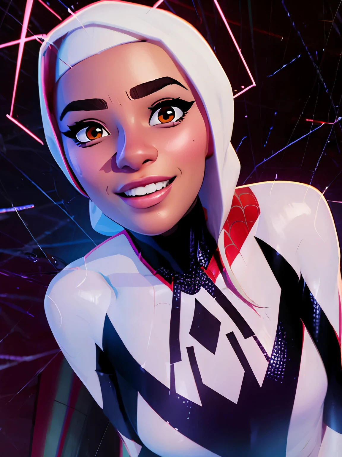 Comic portrait of a pretty Spider-gwen smiling, funny. Cinematic style, Marvel character, Hot body, sexy, sensual, Nice , Glowing, realistic textures. Background in paint Comic style.