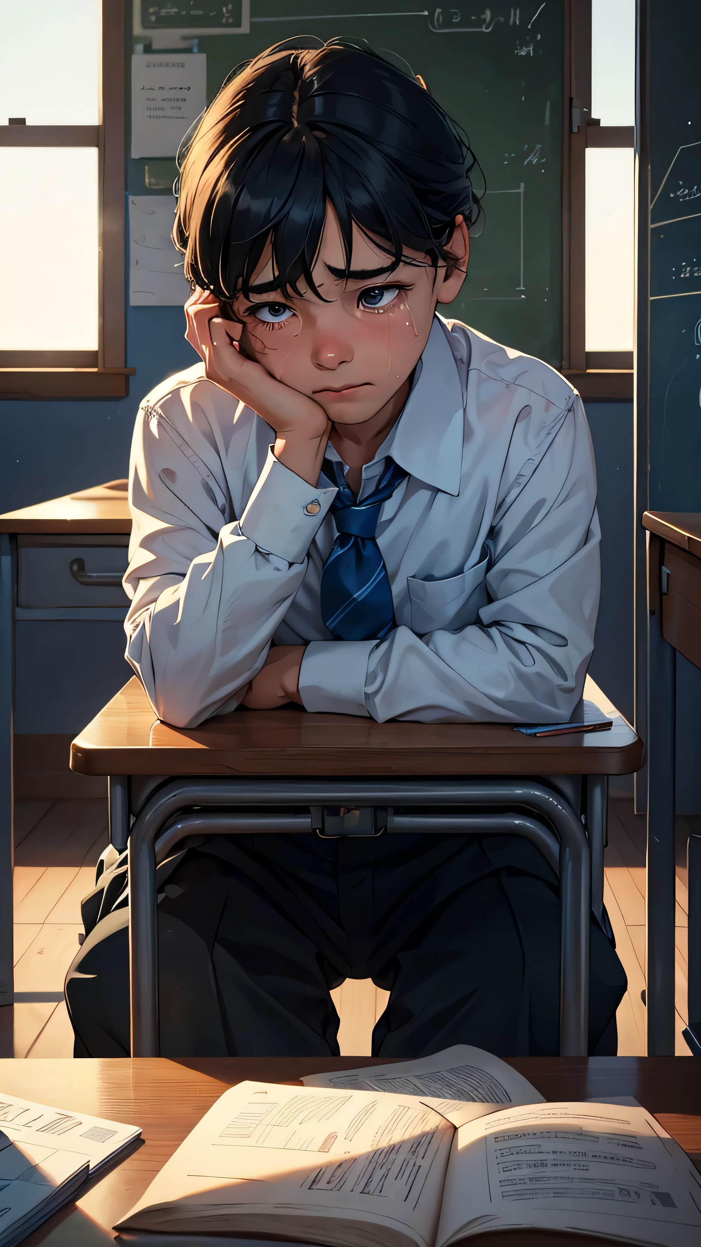 (best quality,highres,masterpiece:1.2),ultra-detailed,(realistic:1.37)
A very sad and embarrassed 5--old e boy in the classroom,softspoken little ying quietly,feeling ashamed,tearful eyes,downcast gaze,sorrowful expression,
lonely ,sitting at a desk,wearing a school uniform,trying to hide,hunched shoulders,
barely visible smile,head bent down,sadness reflected in his eyes,feeling out of place,shy and introverted,nervous and uncomfortable,
surrounded by classmates,ignoring him,looking away,unfriendly glances,
brightly lit classroom,neat and tidy,with colorful walls and decorative posters,
chalkboard covered in equations and drawings,books and school supplies scattered on the desk,
sound of children's laughter and conversation,noise filling the air,creating an overwhelming atmosphere,
deep blue color palette,evoking a sense of melancholy and isolation,
soft natural light shining through the window,casting gentle shadows on the floor,
longing for acceptance and friendship,hoping for someone to reach out,
an emotionally charged scene,capturing the vulnerability and fragility of childhood.