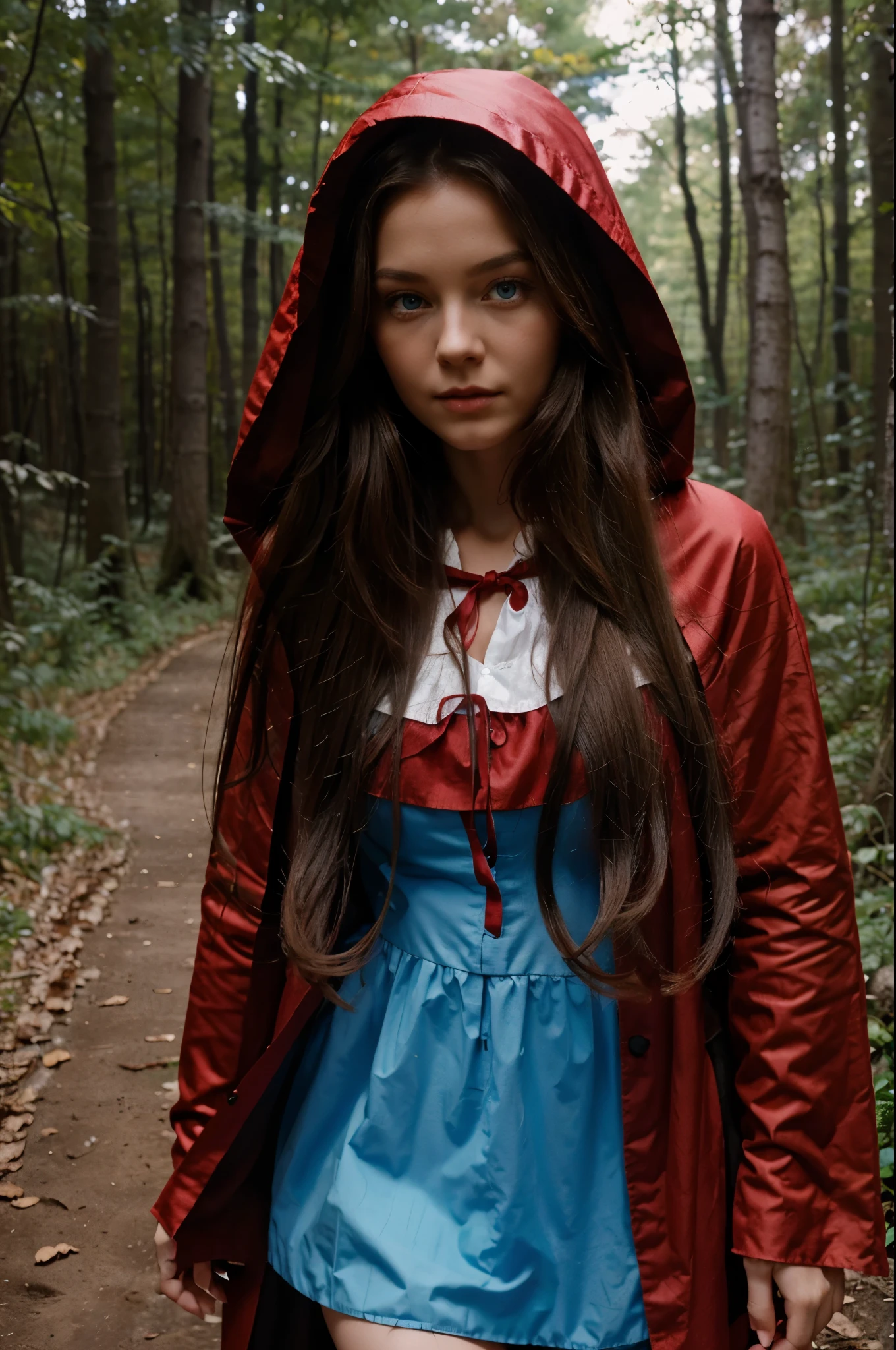 Little Red Riding Hood with Long Hair,with blue eyes she walked through the forest to her grandmother
