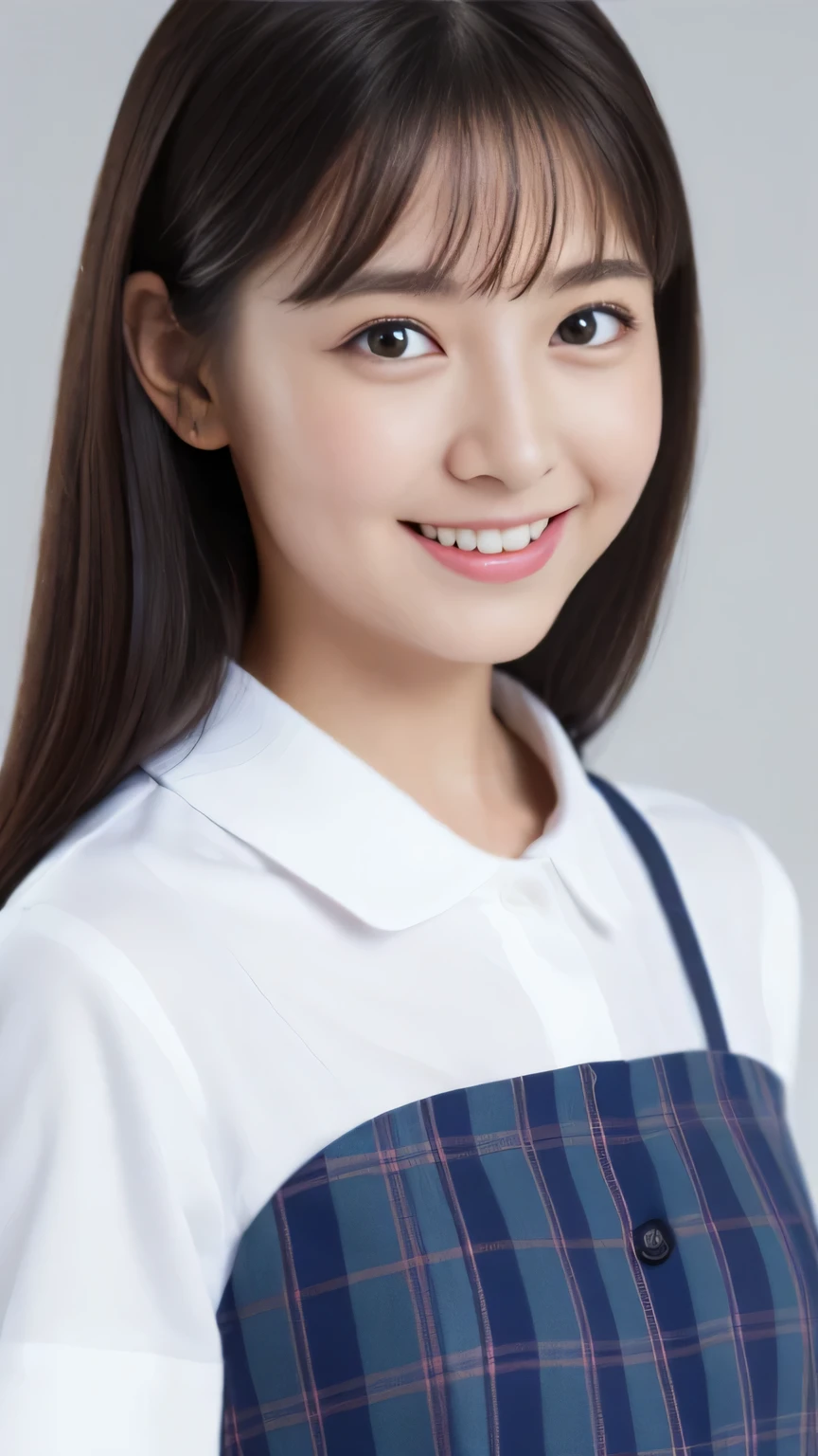 (photo of the upper body), Not NSFW、small_breasts, happy smiling, ((Perfect Face)), brunette, 1 beautiful girl, detailed skin, detailed background, finely detailed, 8k uhd, dslr, detailed fingers, skintight, cute girl, ((Best quality)), ((masterpiece)), ((photorealistic)), ((ultra high res)), (8K raw photo), ar old, beautiful face, ((Miraculously pretty girl:1.2)),13ye、a miniskirt、Neat sailor suit、realisitic、Super high resolution、(the body turns in the direction of the viewer), ((anatomically accurate body)), The chest of the shirt is deep and wide open.、((photo from the waist up))、((Pleated mini_skirt with dark blue plaid pattern))、No underwear、No bra、shirt is short、((the abdomen is visible))、detailed eyes、((white Short-sleeved shirt:1.2))、14years girl,