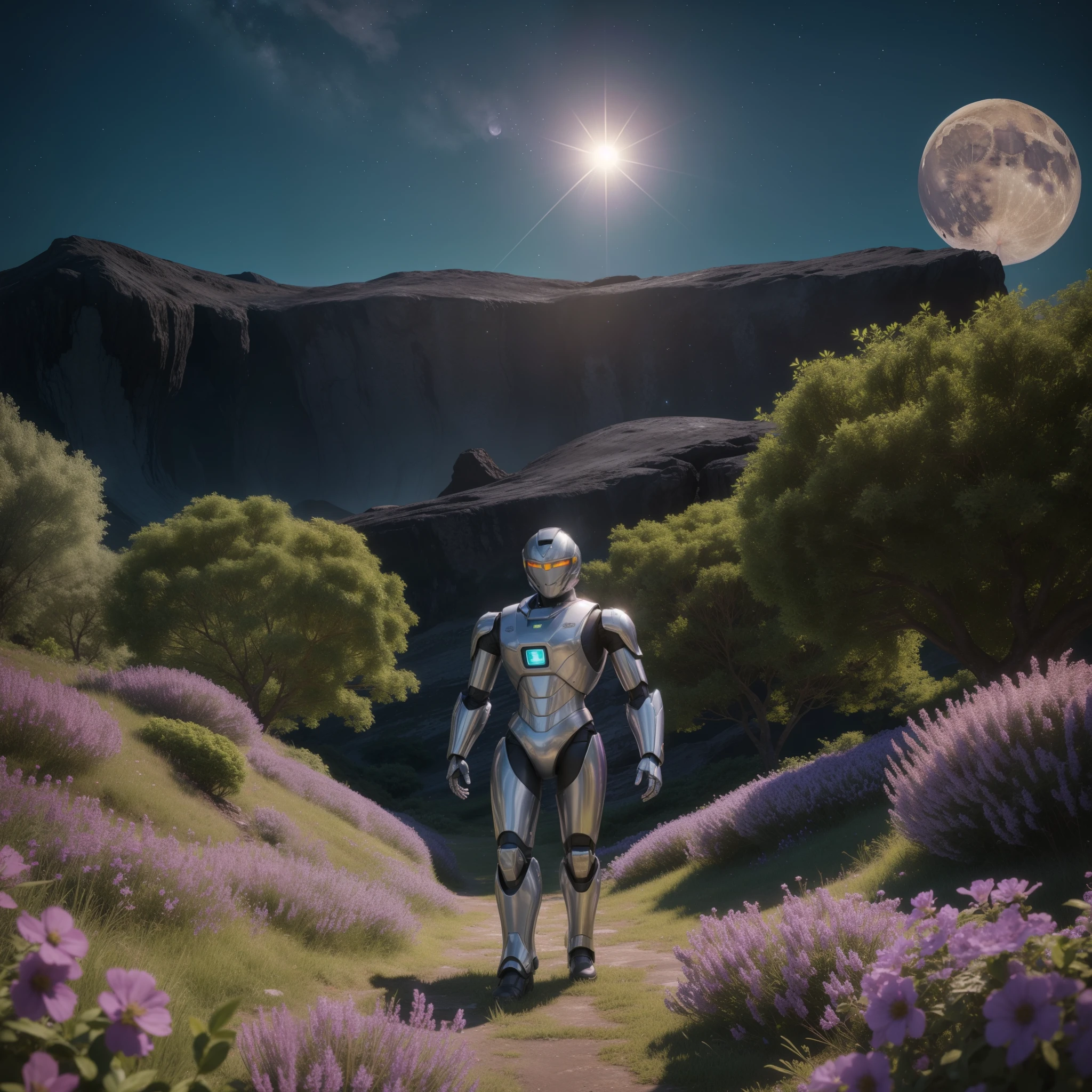 The painting depicts a humanoid robot with glowing eyes standing in a field with glowing purple flowers growing in some places. He is dressed in a tight silver suit. There is a glowing flying object in the background. The sky is filled with stars, the moon is shining. The site of an old volcanic fault, a valley with frozen volcanic lava, overgrown with local plants and shrubs, close-up, full frame, Nvidia Unreal Engine 5, HI-quality, rich deep colors, rich 3D rendering, super detail, ultra realistic, cinematic lighting, professional photo, natural light, Super best Art