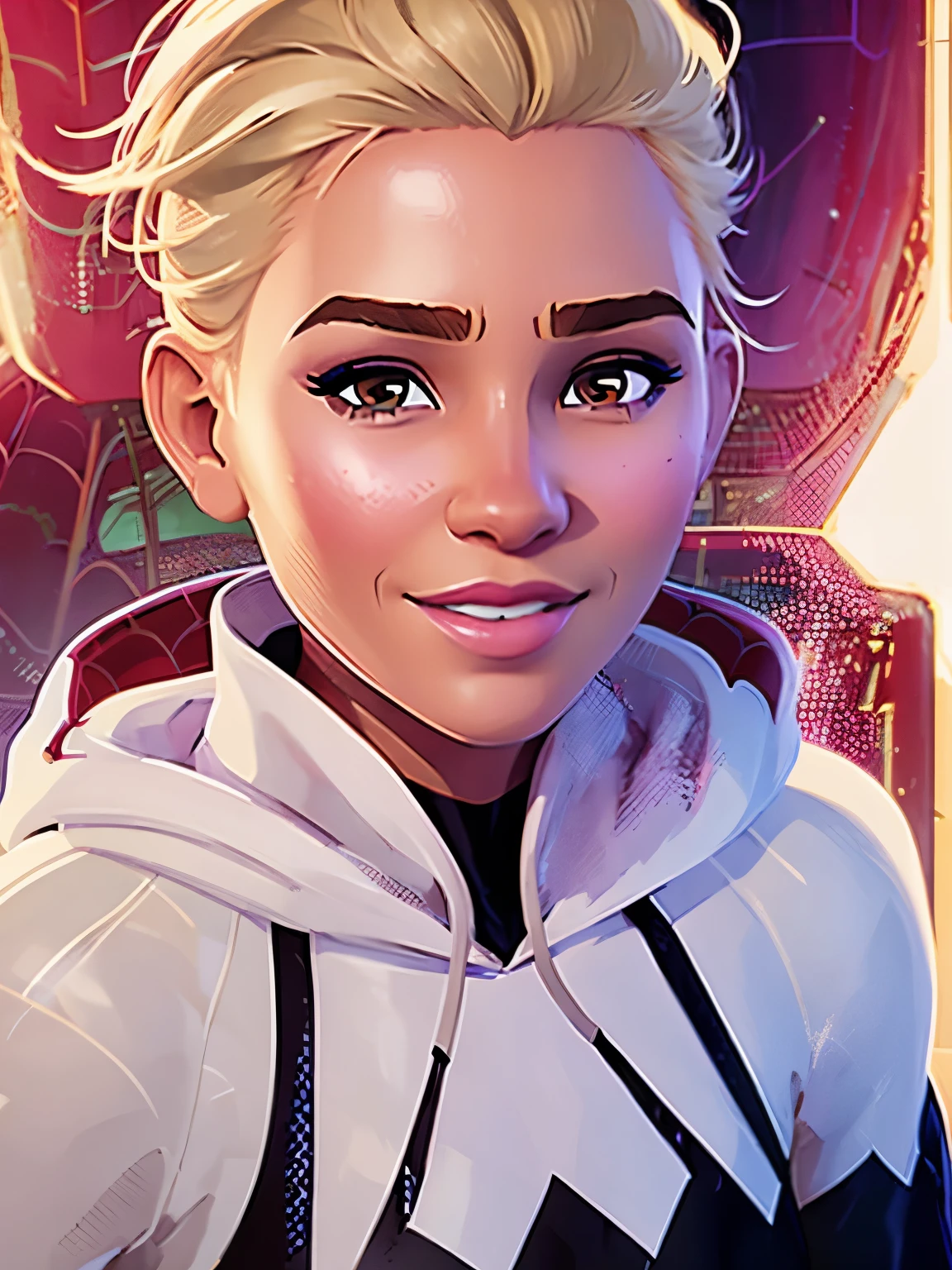 (masterpiece), ((best quality)), parted lips, light_smile, cinematic lighting, ultra-realistic, ((realistic)), (gwen_stacy), blonde_hair, short_hair, solo, sidecut, asymmetrical_hair, parted_lips, eyebrow_piercing, (detailed face), beautiful 1girl, 1girl, looking at viewer, (beautiful detailed eyes), bodysuit, spider-suit, white hoodie, hood_down, portrait, upper_body, (side of head shaved), (small breasts)