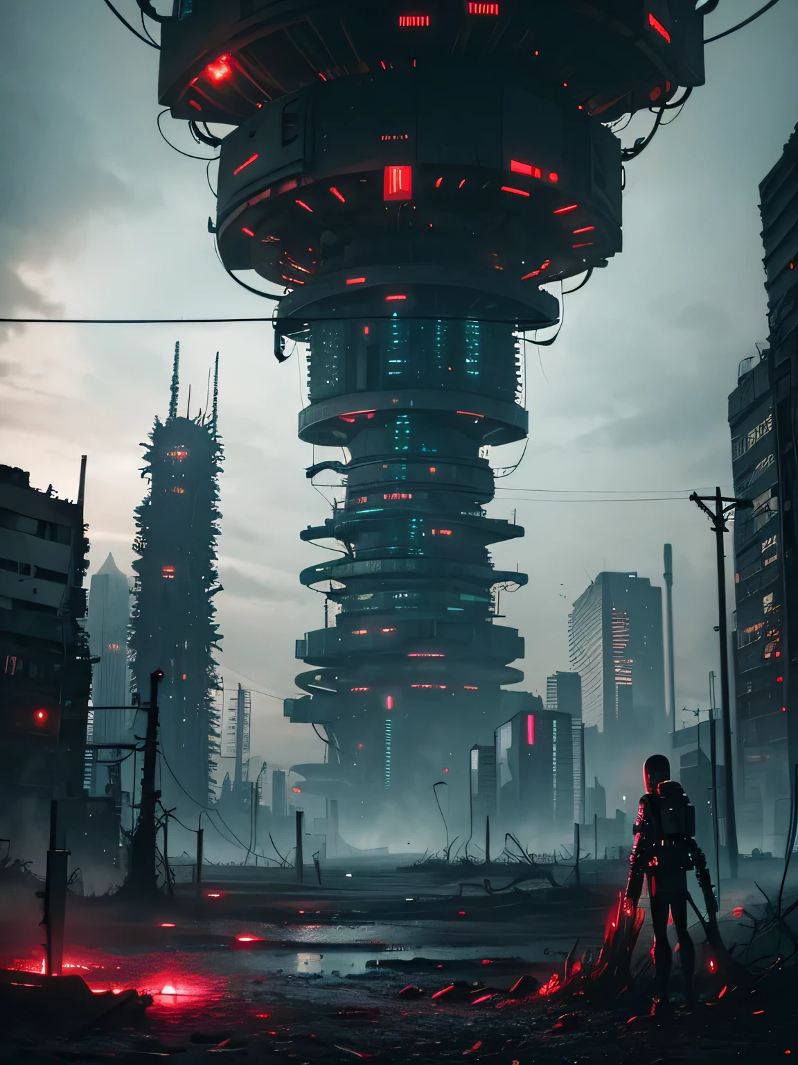 ((dark tentacle in biopunk style)), ((Cyberpunk art)), lonely radio station, massive array satellite dish, Withered trees, (cold light), wasteland, black oil liquids, Dark Fantasy environment, Dark Fantasy, very detailed art, very detailed background
