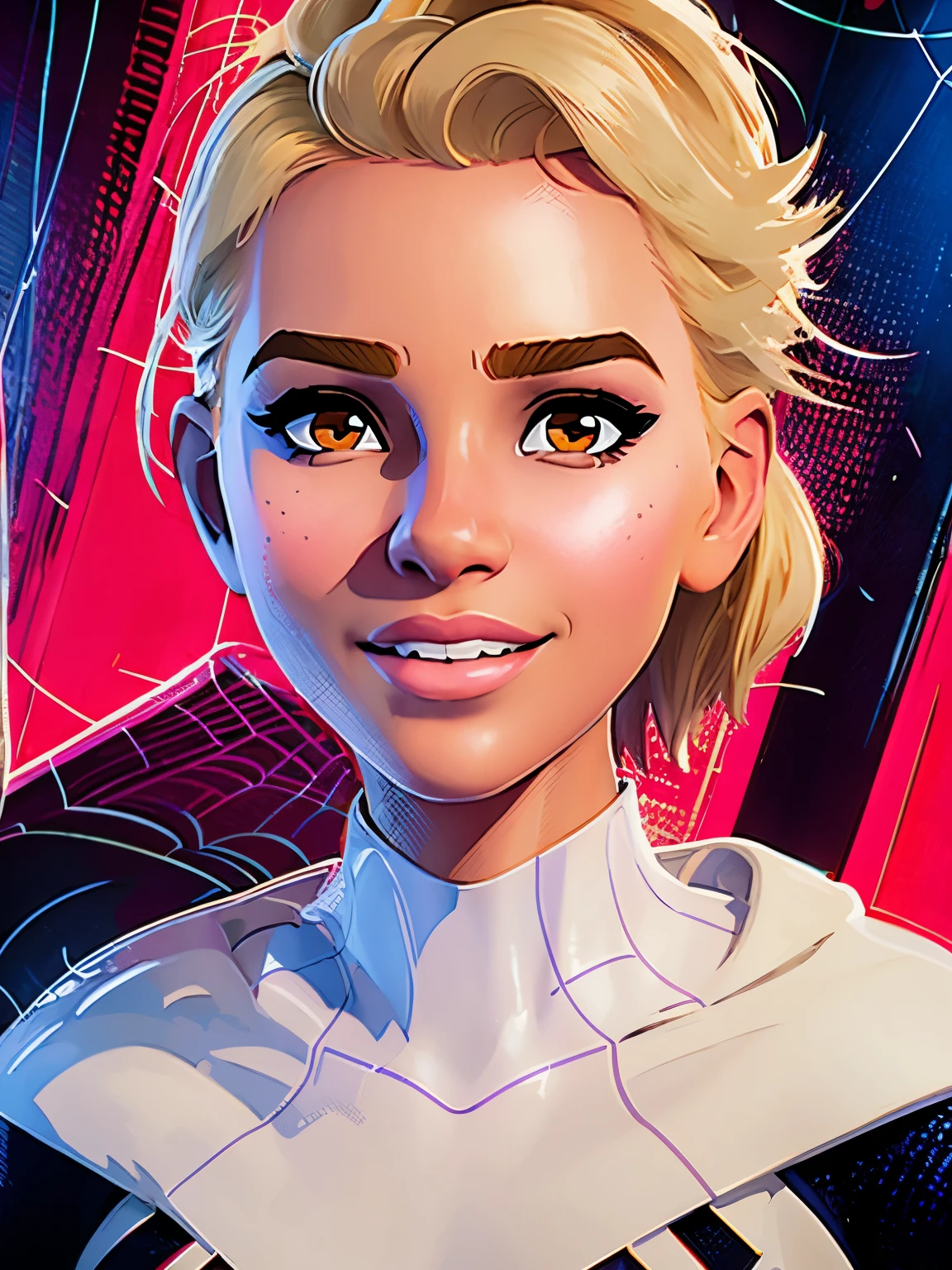 (masterpiece), ((best quality)), parted lips, light_smile, cinematic lighting, ultra-realistic, ((realistic)), (gwen_stacy), blonde_hair, short_hair, solo, sidecut, asymmetrical_hair, parted_lips, eyebrow_piercing, (detailed face), beautiful 1girl, 1girl, looking at viewer, (beautiful detailed eyes), bodysuit, spider-suit, white hoodie, hood_down, portrait, upper_body, (side of head shaved), (small breasts)