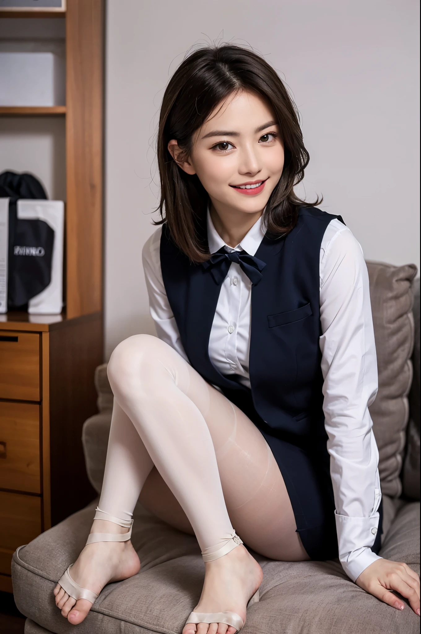 ulzzang-6500-v1.1, (RAW photo:1.2), (Photoreal), beautiful detailed girl, (genuine: 1.4), very detailed目と顔, beautiful and detailed eyes, Mr.々patterned vest、((sit with feet together:1.3))、(super realistic pantyhose:1.2), (high heels)、((business services))、(very affectionate smile:1.2)、huge file size, High resolution, very detailed, highest quality, [masterpiece:1.6], enlightenment, very detailed, finely, highest quality, 8k wallpaper, movie lighting, 1 girl, 26 years old, perfect body shape, cute droopy eyes、beautiful big eyes、highest quality, 1 girl, eye shadow, portrait, ((full body shot:1.2))、