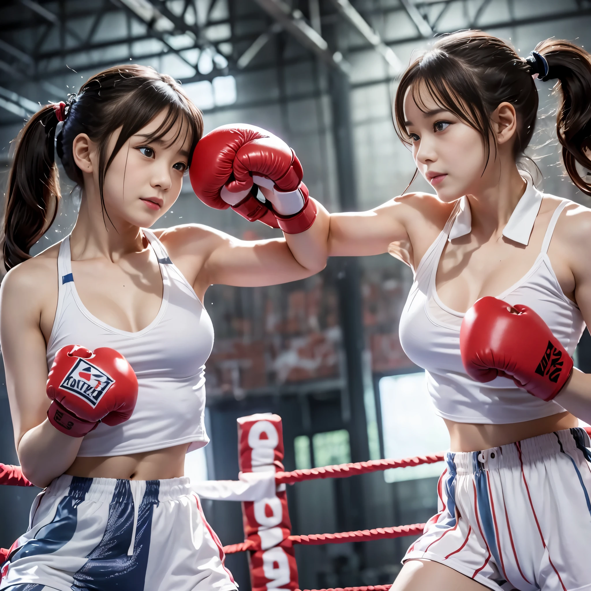 (RAW photo:1.2), (realistic), beautiful detailed girl, very detailed eyes and face, beautiful and detailed eyes, huge file size, High resolution, very detailed, highest quality, [table top:1.6], shape, very detailed, small details, highest quality, 8k wallpaper, movie lighting, , High school girl in the boxing club, In underwearでボクシングをする,  In underwear, boxing gloves, On the ring, standing position, ponytail, slender body, white bra is visible,You can see the white panties, calm expression, slender body, young face, immature body, Exposed underwear, boxing match