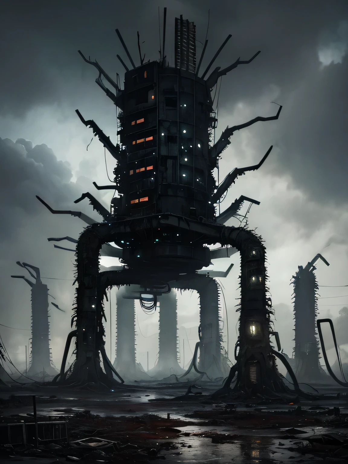 ((dark tentacle in biopunk style)), ((Post-apocalyptic art)), lonely radio station, massive array satellite dish, Withered trees, (cold light), wasteland, black oil liquids, Dark Fantasy environment, Dark Fantasy, very detailed art, very detailed background