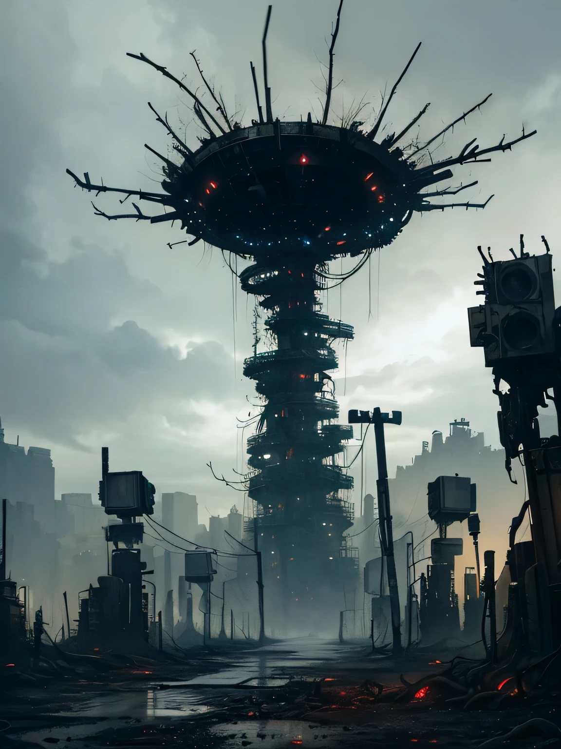 ((dark tentacle in biopunk style)), ((Post-apocalyptic art)), lonely radio station, massive array satellite dish, Withered trees, (cold light), wasteland, black oil liquids, Dark Fantasy environment, Dark Fantasy, very detailed art, very detailed background