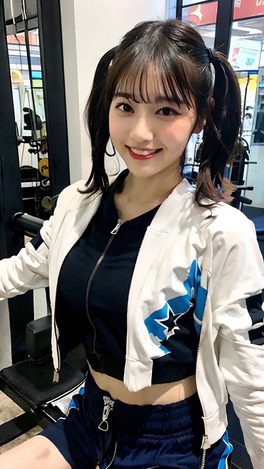 White and light blue color scheme, high resolution, ((best quality)), (ultra-detailed), illustration, in the game center, crane game machine, neon light,
galaxy background, white and light blue effects, cool colors background, laser beams glow, 1girl, solo human, cute face, kawaii:1.5, (cowboy shot), (looking down), looking at viewer, blush, (grin), (low-angle), (white zip-up short track jacket, short sportswear), two-toned color block design jacket, white and a few light blue colored outfits, (x-large zip-upped track jacket), ((close the front zipper:1.5)), open stance:1.4, bare legs, bare midriff, navel, clothes reflecting light, detailed and gradient dark blue round eyes, stars in the eyes, eye highlights, gleaming skin, arms behind back, (((very short black hair))), (shining very short black hair), osage, very short low pigtail hair, ((very short low twintails hair)), longer blunt bangs, ((low twintails hair with very very short tails)), adorable girl, (large breasts:1.3), ((white and light blue gym shorts)), low-rise short shorts, dynamic angle,