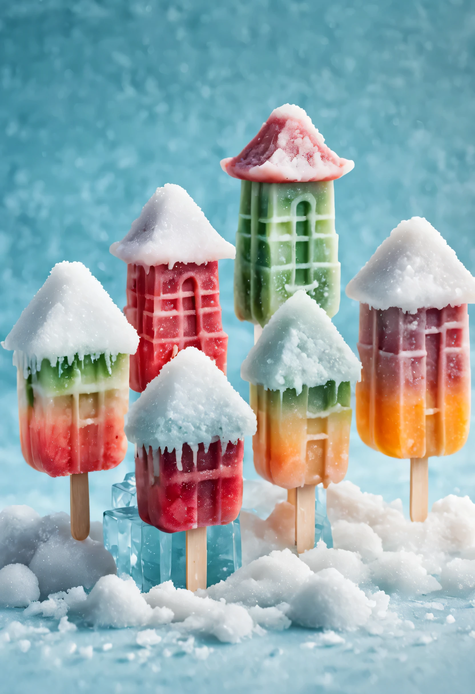 Fruit popsicles in the shape of Chinese buildings，Cute creative popsicles，frozen texture,snow,ice cold,cold,Crystal ice,summer,Delicious fruits,color layout,Crushed ice,Refreshing
