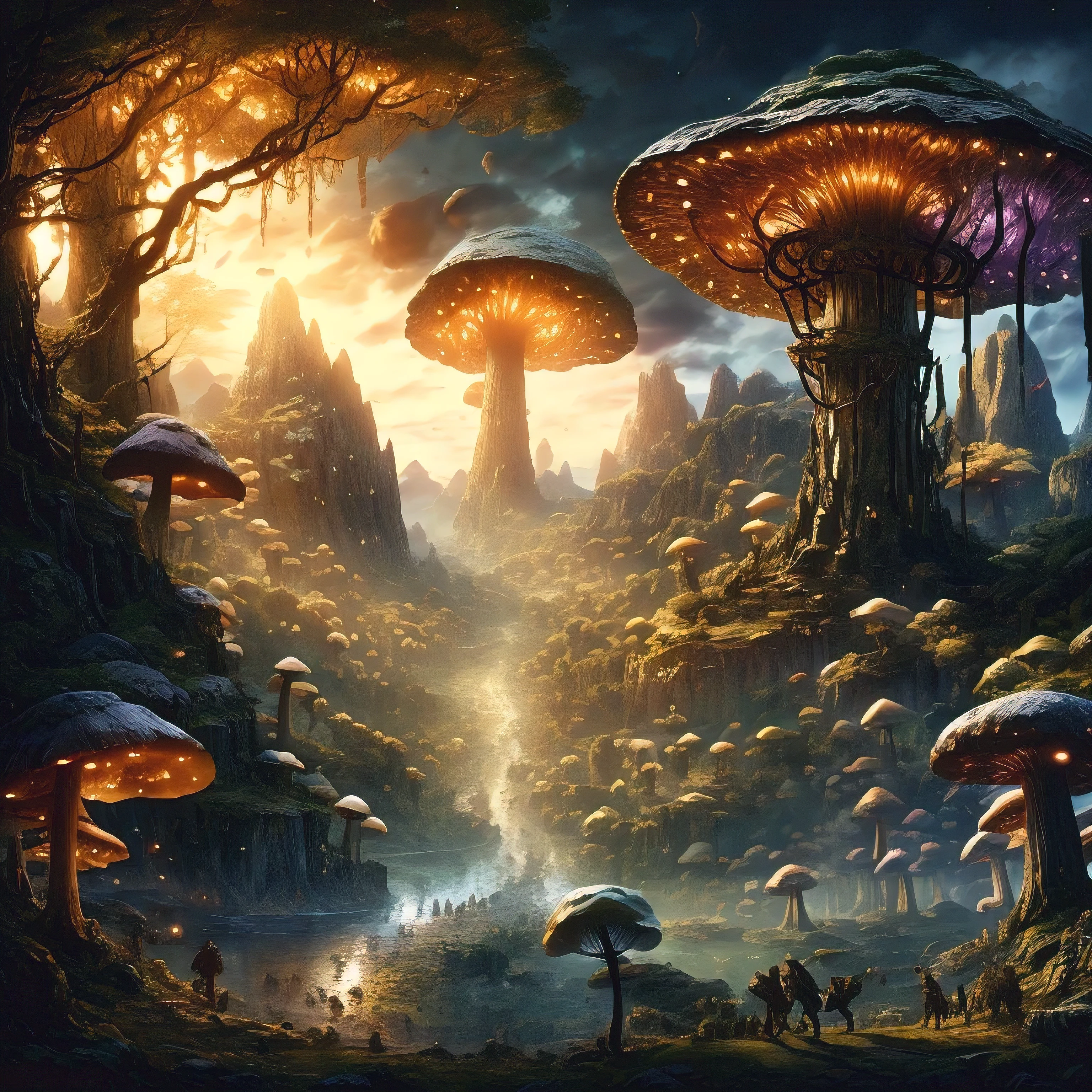 Montrez un paysage panoramique et pittoresque avec la dernière auberge à vue de loin, entouré d'une forêt de champignons géants, with couleurs vives and soft lighting (esthétique:1.2,haute résolution,HDR),traits du visage réalistes,Expressions émotionnelles,monde fantastique,Récit inspiré de Tolkien,À la manière de John Howe,Paysages élaborés,forêts enchantées,Montagnes majestueuses,Batailles épiques,Donjons dangereux,créatures magiques,armure détaillée, guerriers,Éclairage dramatique,couleurs vives,quêtes héroïques,quête de trésor,lutte contre le mal,camaraderie de compagnons,voyage pour sauver le monde,des défis inattendus,Des rencontres palpitantes,composition avec profondeur,textures riches,attention au détail,expérience immersive,sens élevé de l'aventure.