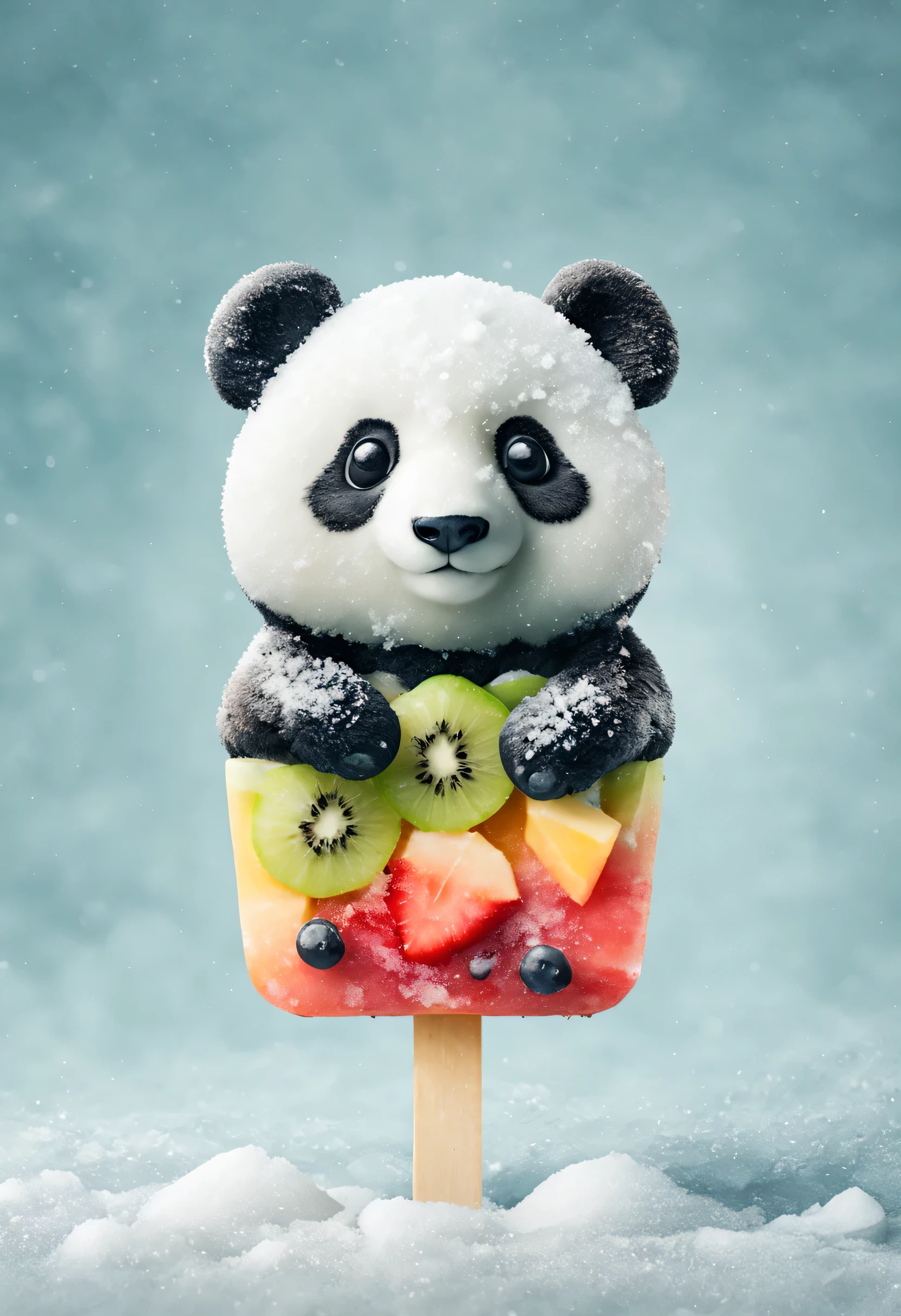 Cartoon Panda Fruit Popsicle，Cute creative popsicles，frozen texture,snow,ice cold,cold,Crystal ice,summer,Delicious fruits,color layout,Crushed ice,Refreshing
