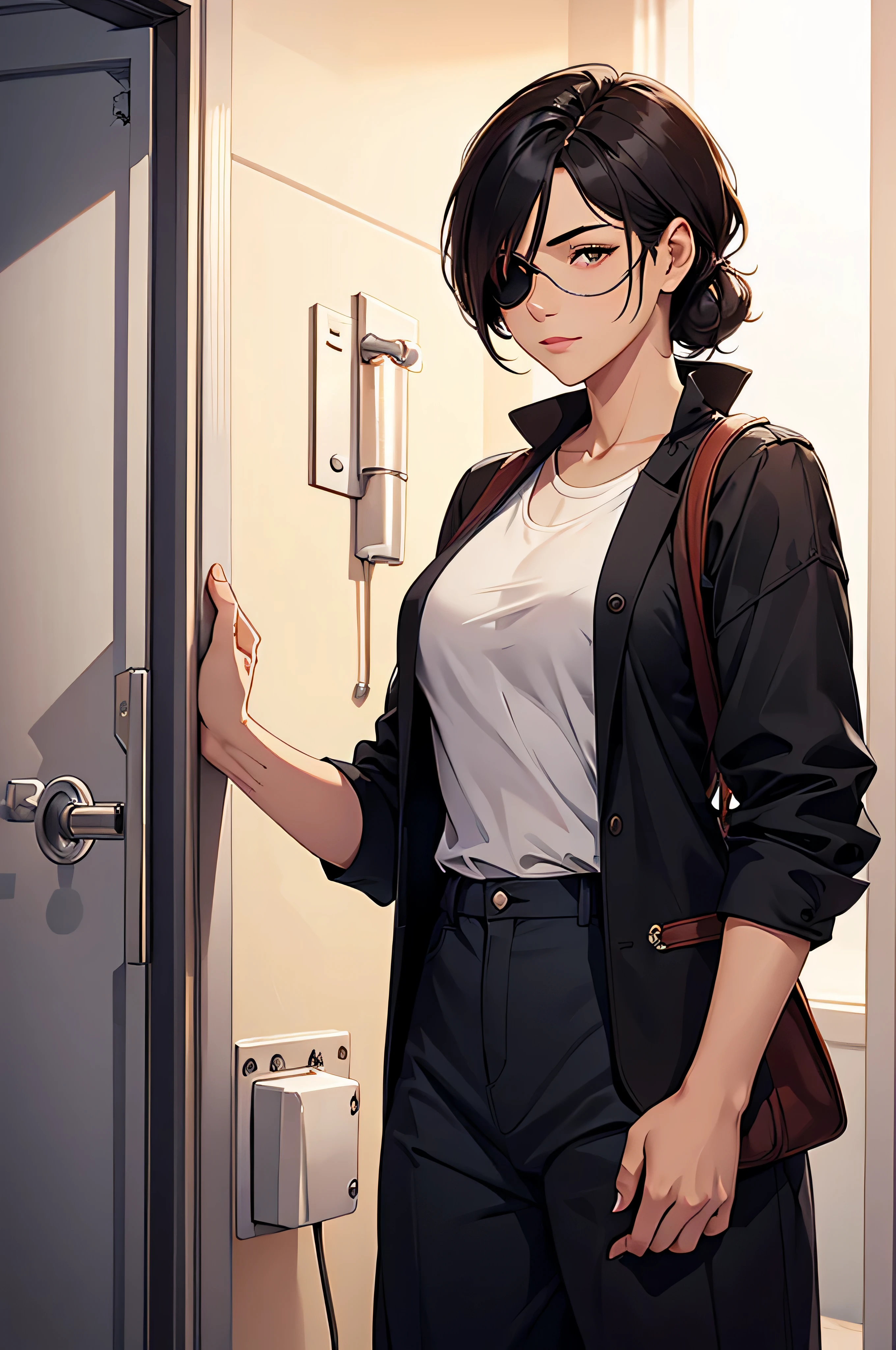 A mother with a eye patch covering her right eyes opening the door of home to welcome her son