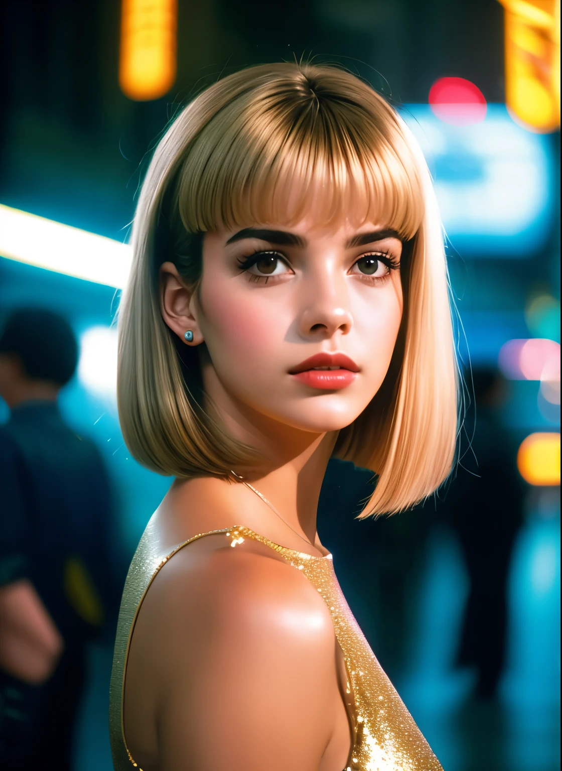 1girl, rosto detalhado, triste, holograma, vestido dourado, coreana, estilo blade runner, 1984 dvd filme, cabelo rosa, cidade cyberpunk, futurista, led, vestido latex, 1984, ( obra de arte,realista, photorealista), (melhor qualidade), realista, cabelo longo.